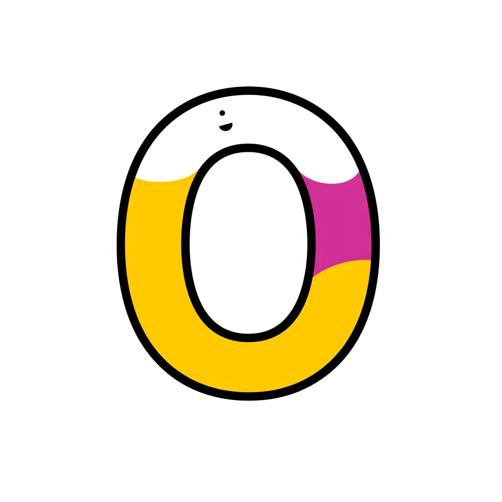 数字0・かわいらしいキャラクターデザイン｜黄色とピンクのカラーリングに表情が加えられたユニークな数字0。キャラクターのような愛らしさが魅力的。