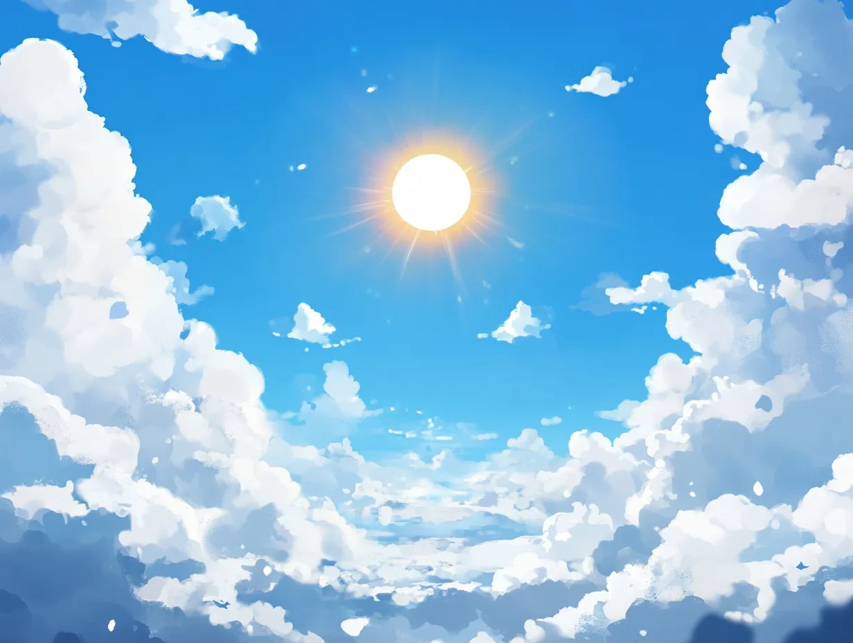 青空と輝く太陽｜青空を背景に、力強い太陽の光が放射状に広がる構図が特徴的なイラストです。明るい空は軽やかで爽やかな印象を与え、太陽の輝きが見る者にエネルギーを感じさせます。光の表現には細かいグラデーションと繊細なハイライトが使用され、自然な眩しさを演出しています。