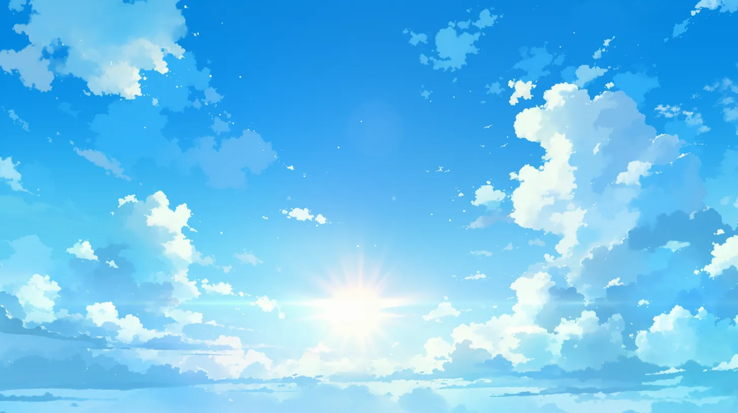 青空の中の太陽｜広がる青空と点在する雲が、地平線からの高さを感じさせるイラストです。太陽は少し控えめに配置され、雲の白さとのバランスが取られています。青空が描く無限の広がりが、見る人に解放感と穏やかさをもたらします。