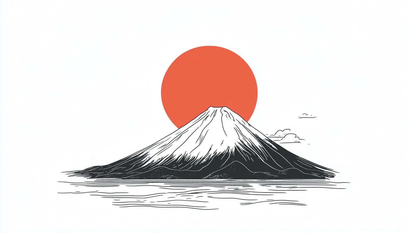 水面に映る富士｜富士山の手前に水面が描かれ、その背後に赤い太陽が昇る姿が印象的なイラストです。細かく描かれた水の波紋が、全体に穏やかな雰囲気を加えています。シンプルな構成ながら、情景の深みが感じられる作品です。