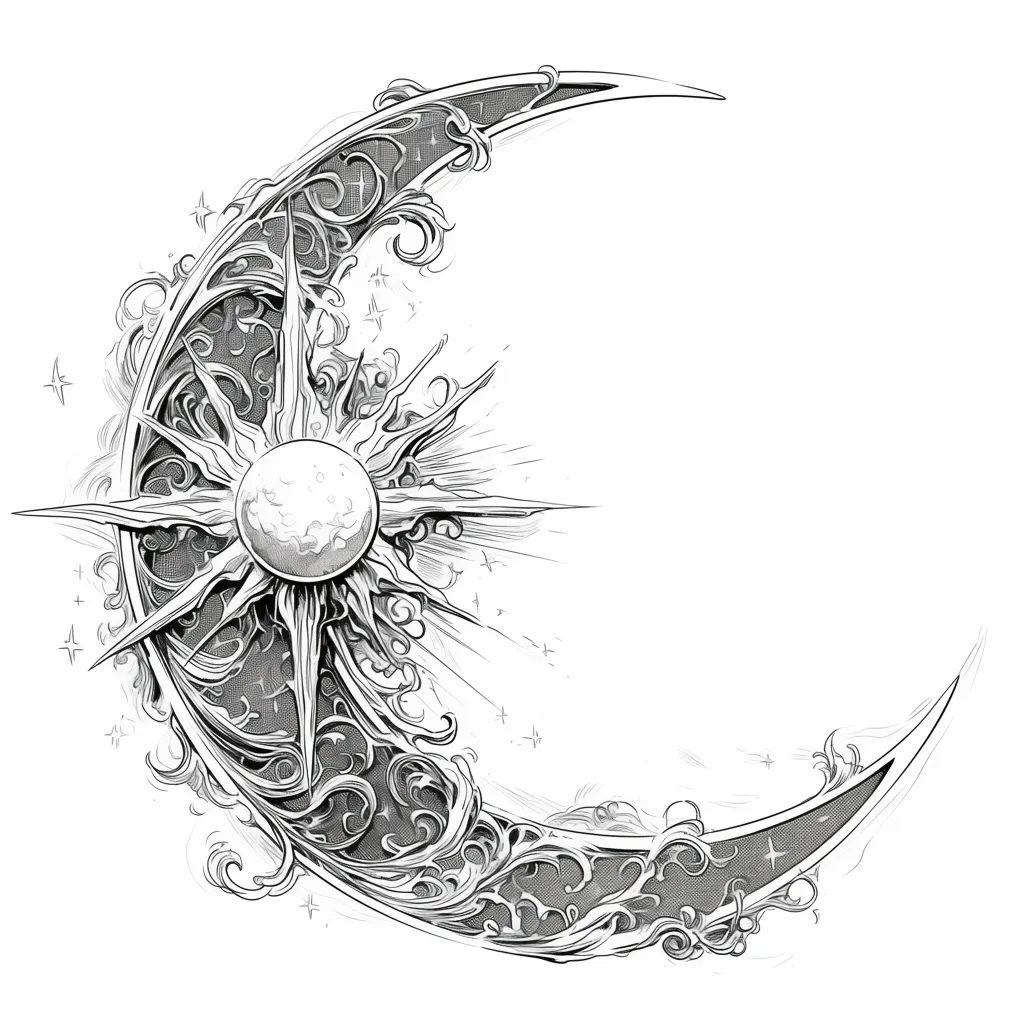 かっこいい月と太陽の対話｜流れるような装飾が美しい、太陽と月が絡み合うように描かれたイラストです。月の冷たい輝きと太陽の温かい光が「イラスト」によく表現され、動きのあるデザインが視覚的な楽しさを与えます。全体的に繊細でエレガントな印象を受けます。