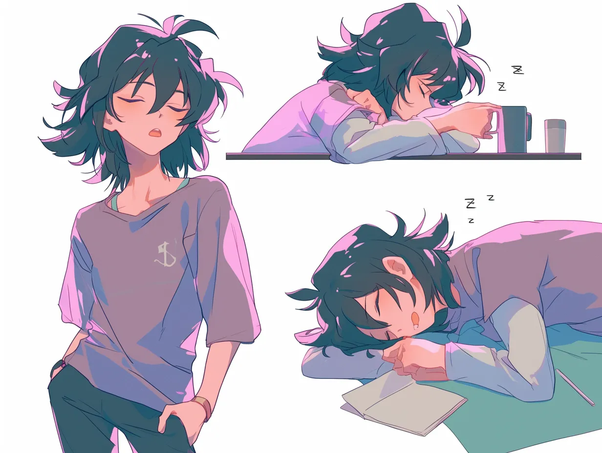 寝るポーズと机でのうたた寝｜黒髪の少年が、机で眠気に負けてうたた寝している様子が3つのカットで表現されています。疲れた表情やリラックスした姿勢が、日常の一コマを切り取ったかのような雰囲気を醸し出しています。
