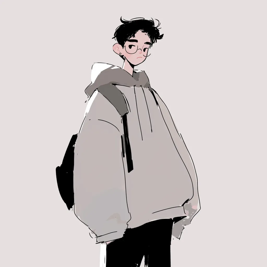ミニマルな日常｜この男性イラスト素材は、フード付きパーカーとバックパックを組み合わせた、シンプルかつ機能的な装いが特徴です。ミニマルな色使いと柔らかな線画が、日常の中でもおしゃれな印象を与えます。メガネを取り入れることで、知的な雰囲気もプラスされています。こうしたスタイルは、都市生活を楽しむ若者の象徴として、広告やイメージ素材としても高く評価されます。