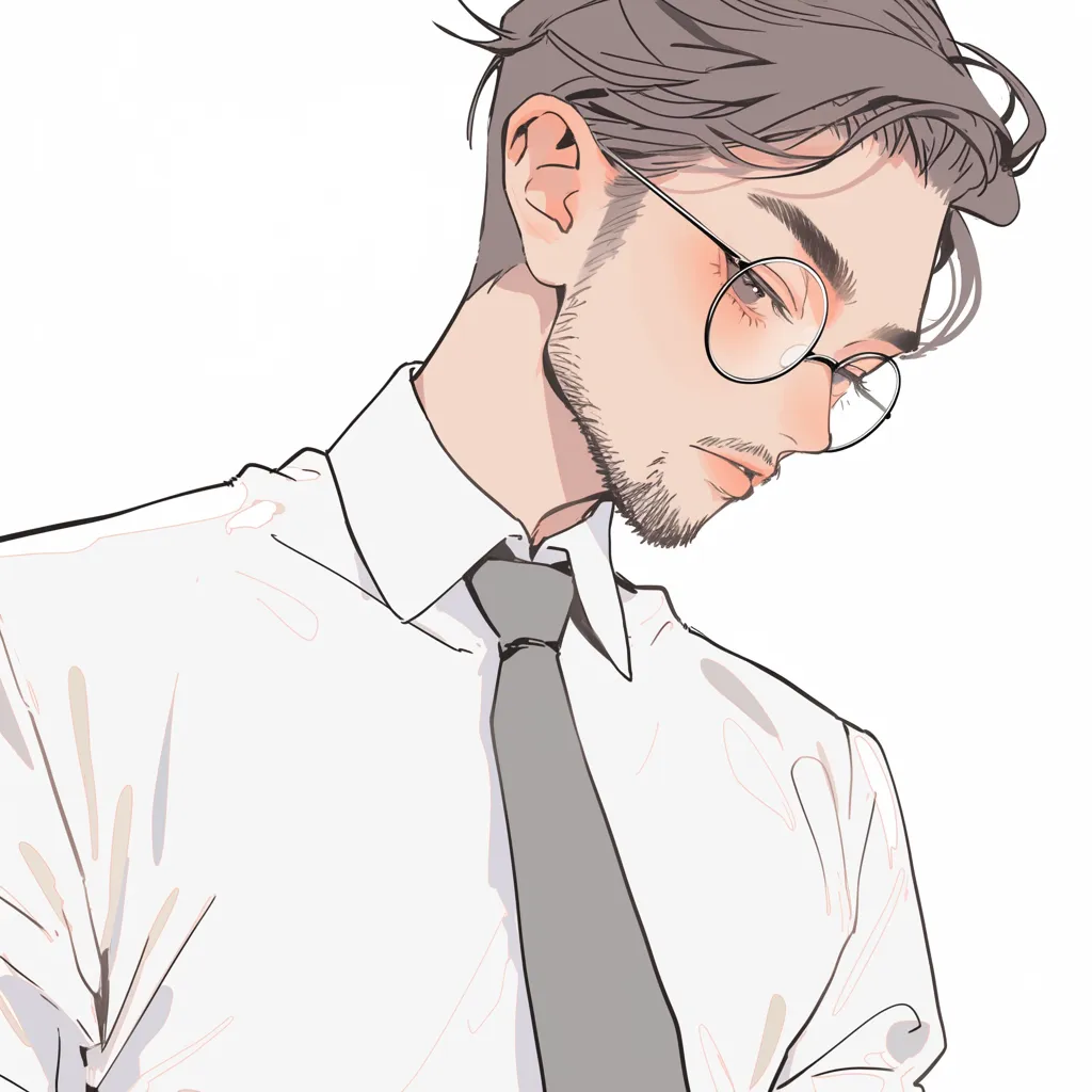 メガネ男子の知的なイラスト素材｜落ち着いた表情とメガネが印象的なメガネ男子イラスト素材。清潔感のあるシャツとネクタイが知的でシックな雰囲気を醸し出しています。髭と柔らかい色合いで描かれたスタイリッシュなシルエットが、クールな魅力を引き立てています。
