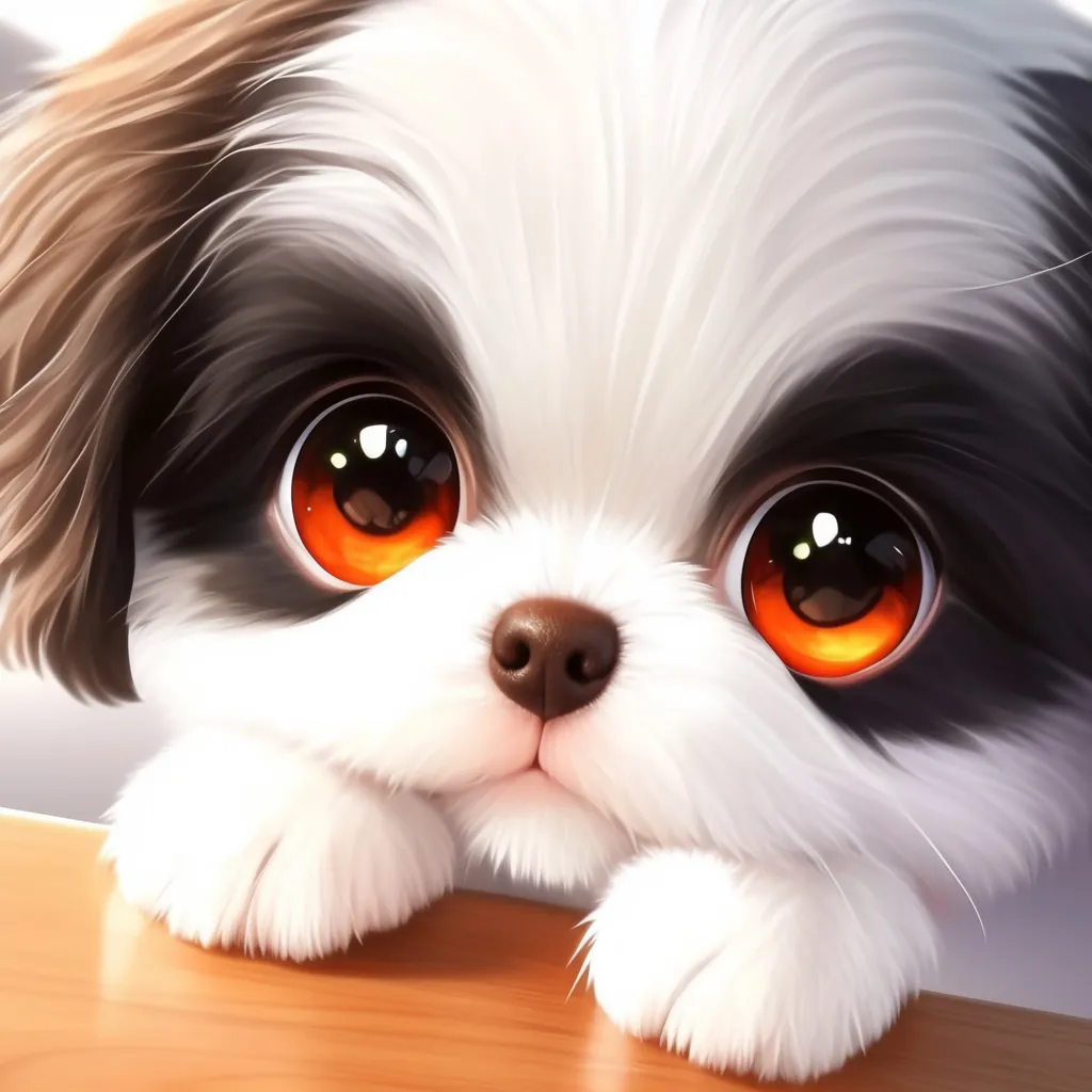 かわいいシーズーののぞき見ポーズ　｜机の向こうからひょっこりと顔を出すシーズーの子犬。大きな瞳とふわふわの毛並みが印象的で、純粋無垢なかわいいしぐさに癒されるデザインです。