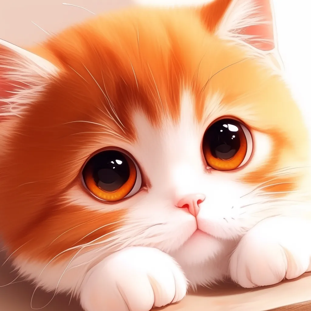 かわいい子猫のじっと見つめる顔　｜ふんわりとしたオレンジの毛並みとまんまるな瞳が印象的な子猫。ぬいぐるみのような愛らしい造形が、純真でかわいい雰囲気を漂わせます。