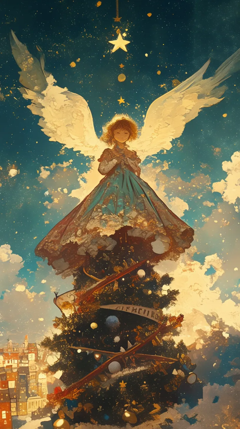 星空の頂点｜夜空に輝く星を背に天使がクリスマスツリーの頂上に立つ様子が描かれています。空の深い青色と光の暖かさが絶妙に組み合わさり、幻想的な雰囲気を醸し出しています。細やかなディテールと広がる翼が、このイラスト素材に特別な神秘性を与えています。