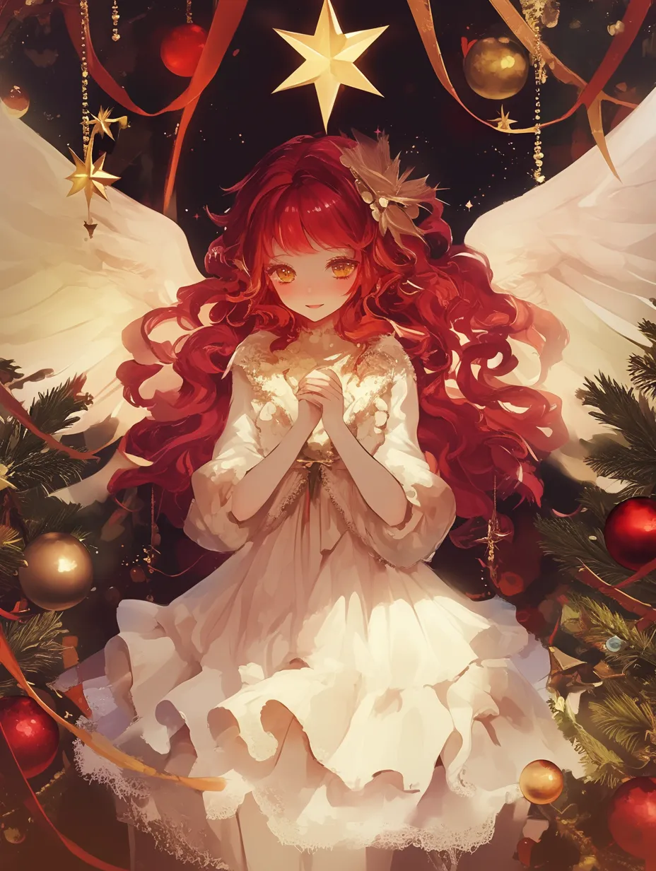 赤い星の祈り｜深い赤い髪と鮮やかな衣装を身にまとった天使が、ツリーの装飾と共に温かい雰囲気を醸し出しています。星形の飾りが象徴的で、クリスマス特有の華やかさを加えています。繊細な装飾と豊かな色彩が、イラスト素材としての魅力を引き立てています。