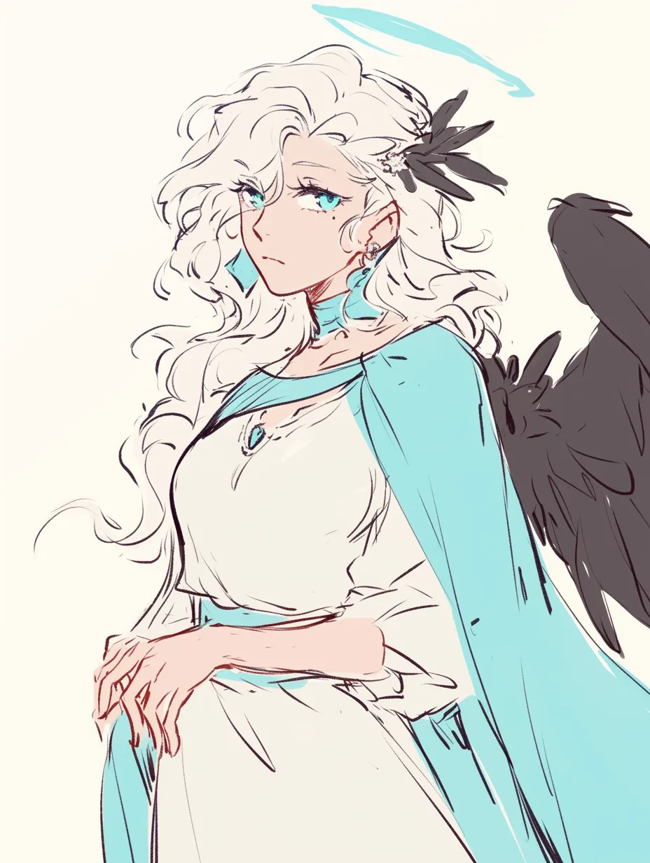 静かな決意｜黒い翼と鮮やかな青が調和した堕天使を描いたイラストです。落ち着いた表情と繊細なディテールが、キャラクターの内なる強さを表現しています。この堕天使のイラスト素材は、希望や再生をテーマとした物語に適しています。