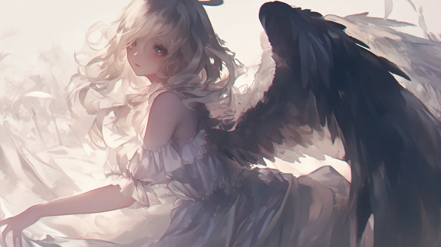 哀愁をたたえる堕天使の微笑み｜柔らかな光に包まれた少女と漆黒の翼が対照的に描かれたイラストです。繊細なタッチで描かれた衣装と背景が、堕天使の純粋さと悲しみを表現しています。この堕天使のイラスト素材は、物語の挿絵や詩的なテーマにぴったりの雰囲気を持っています。