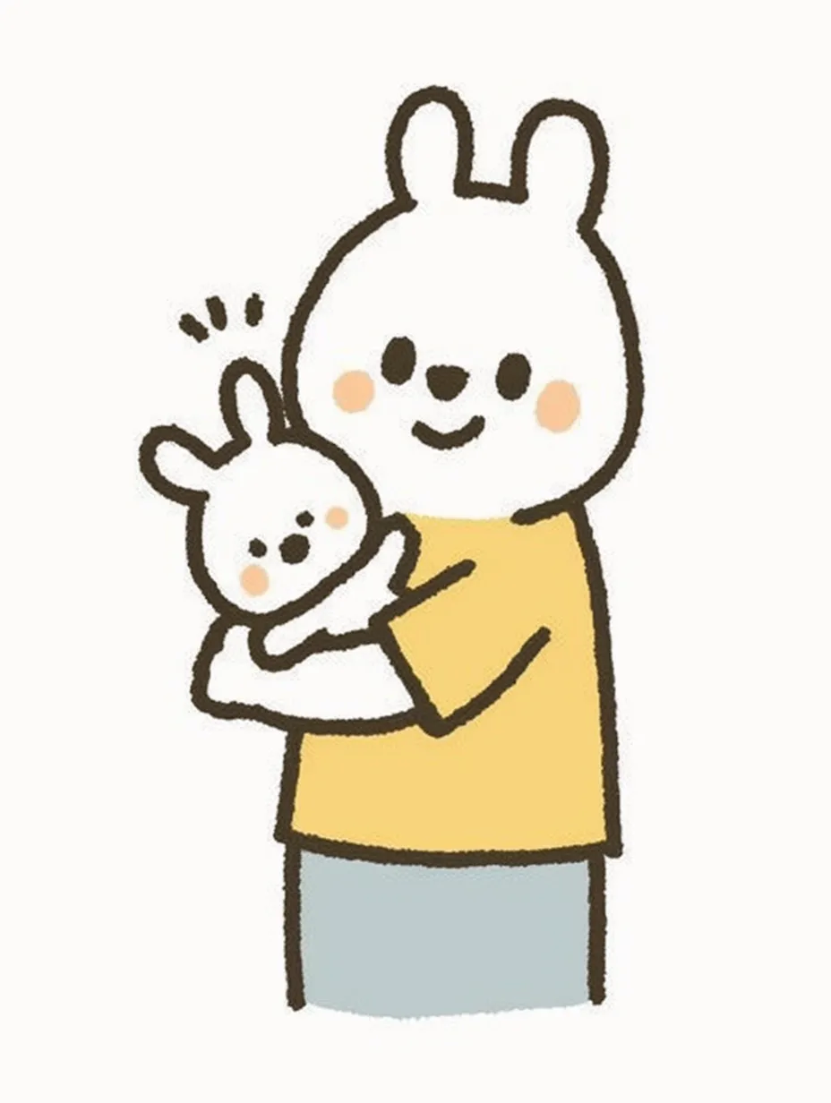 動物・抱っこ・ウサギ｜大きなウサギが小さなウサギを優しく抱きしめる愛らしいイラスト。シンプルな線と温かみのある色合いが、穏やかで安心感のある雰囲気を演出。