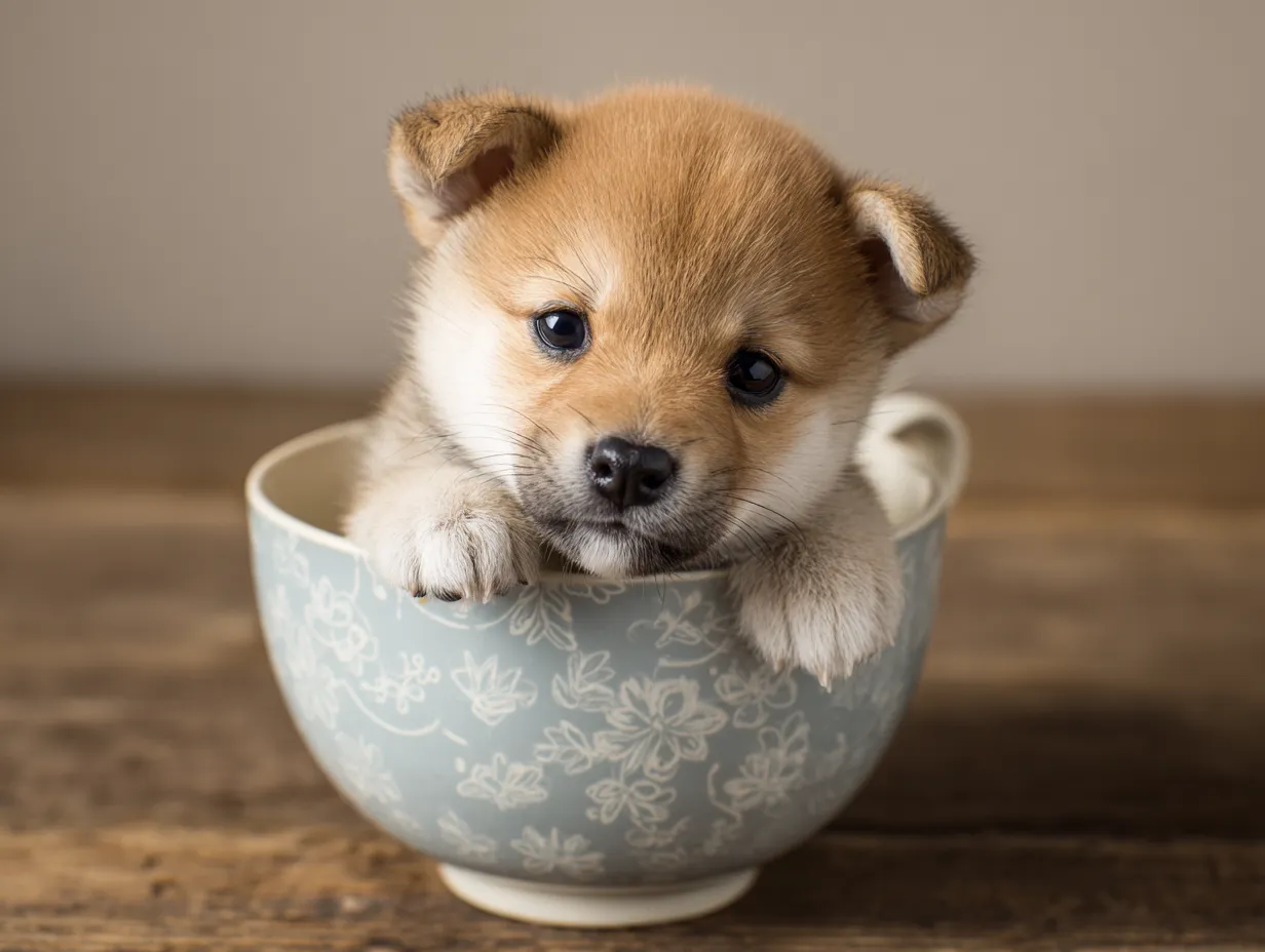柴犬がティーカップに入った可愛いの画像｜柴犬の赤ちゃんがティーカップに入っている、ほっこりとした可愛さが特徴の画像です。柔らかい毛並みと愛らしい表情が、見ている人を癒やします。ティーカップの柄が控えめにおしゃれな印象を与え、背景も落ち着いた色合いで温かみを感じさせます。