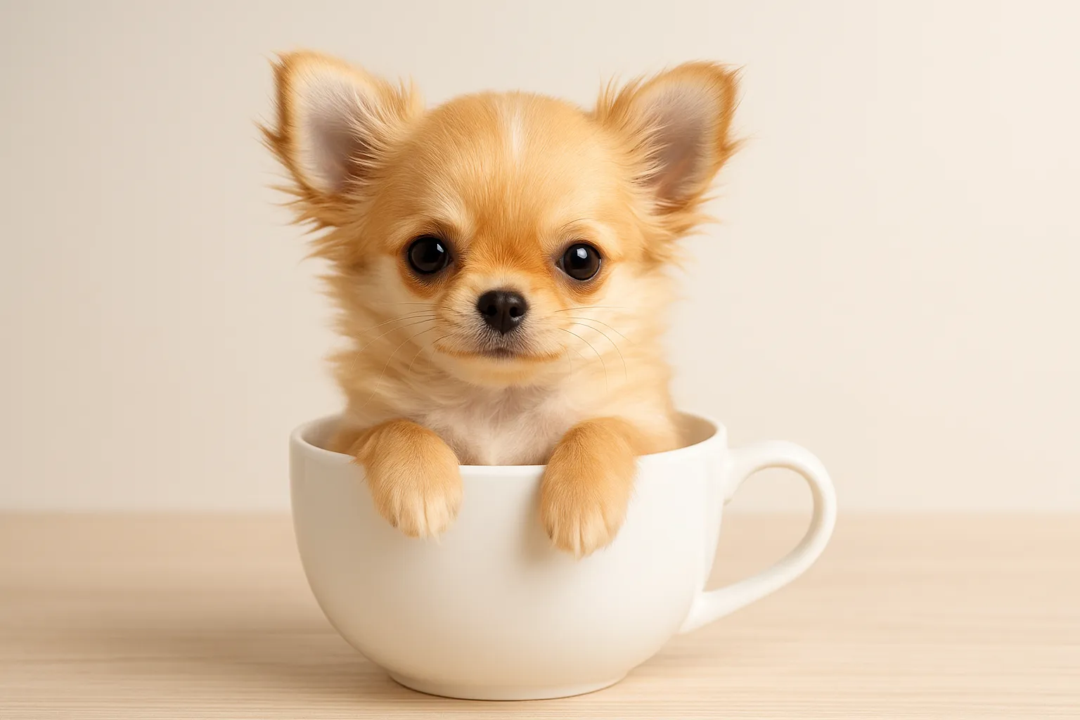 チワワロングコートがティーカップに入った可愛いの画像｜チワワのロングコートがティーカップに収まった姿がとても可愛らしいです。ふわふわの毛並みと大きな瞳が特徴で、シンプルなベージュの背景がその可愛さを引き立てます。優しい表情と小さな体が、見る人の心を温かくさせます。