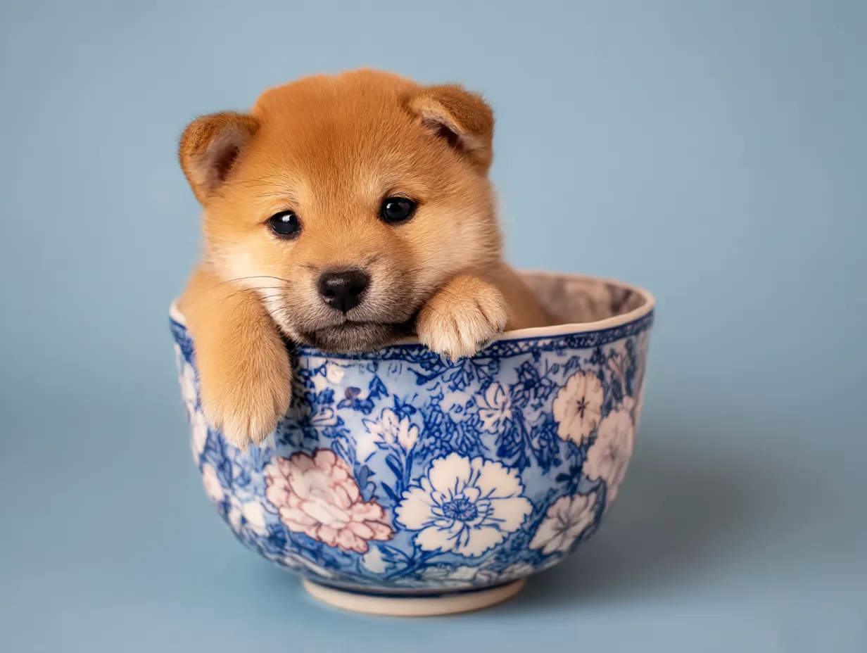柴犬チワワミックスがティーカップに入った可愛いの画像｜柴犬とチワワのミックス犬がティーカップにぴったり収まっています。小さな体と大きな瞳が特徴的で、どこかユーモラスで愛おしい姿が心温まります。明るい青い背景が、この小さな犬の可愛さを際立たせています。