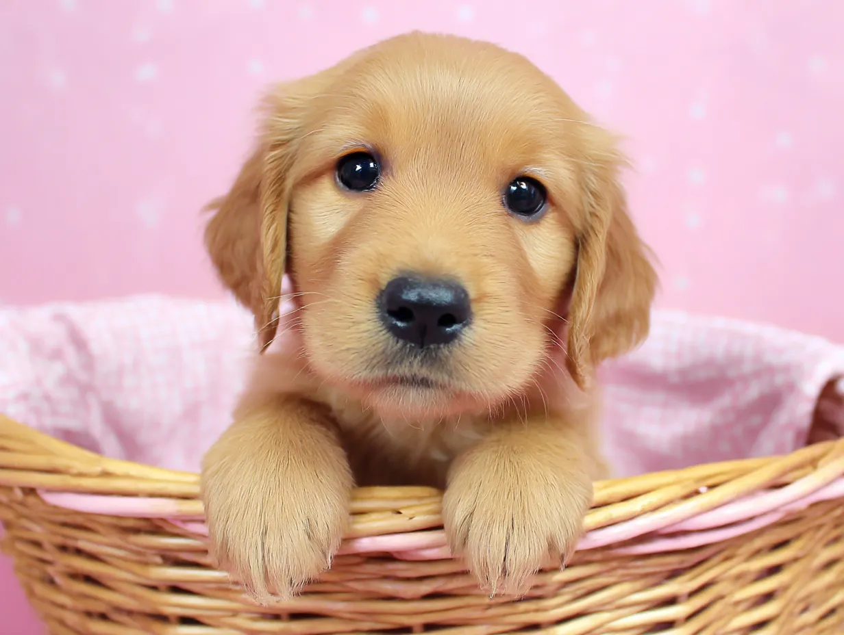 ティーカップに入った可愛いゴールデンレトリバーの画像｜ゴールデンレトリバーの子犬がティーカップの中に収まり、丸い目で見つめる姿がとても愛らしいです。ふわふわした毛並みが特徴的で、その大きな目が、ティーカップに収まることで、さらに可愛らしく感じられます。