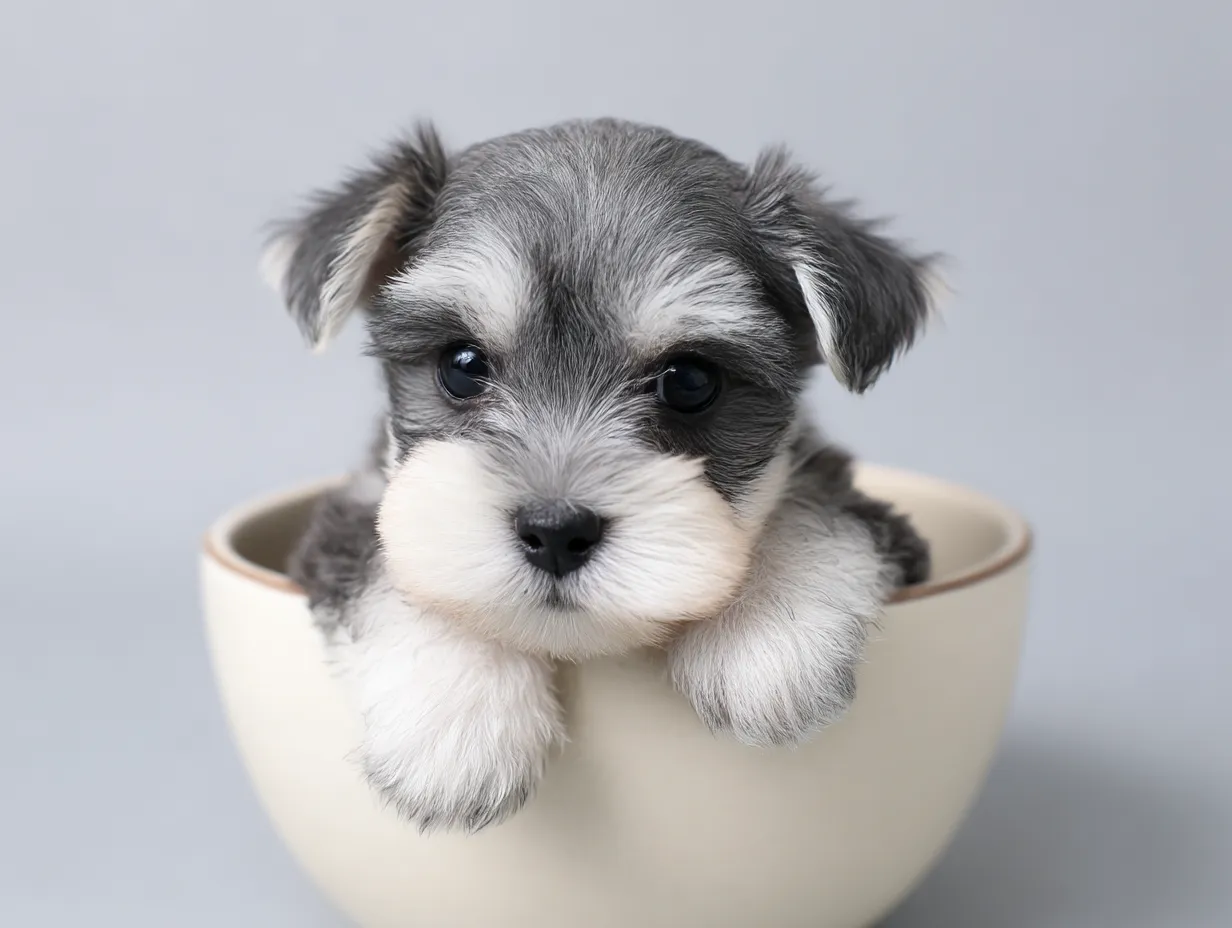 ティーカップに入った可愛いシュナウザーの画像｜シュナウザーの子犬がティーカップに収まり、特徴的なひげと眉毛がとても愛らしい姿です。毛並みはふわふわで、丸い目と相まって、ティーカップに収まることで、さらに可愛さが強調されています。