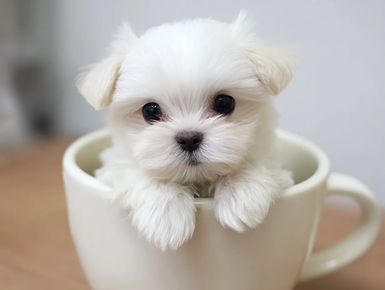 ティーカップに入った可愛い白シュナウザーの画像｜白い毛並みのシュナウザーの子犬がティーカップに収まり、特徴的なひげと眉毛がとても可愛らしい姿です。ふわふわの毛と大きな目がティーカップにぴったり収まり、見ているだけで癒されるデザインです。