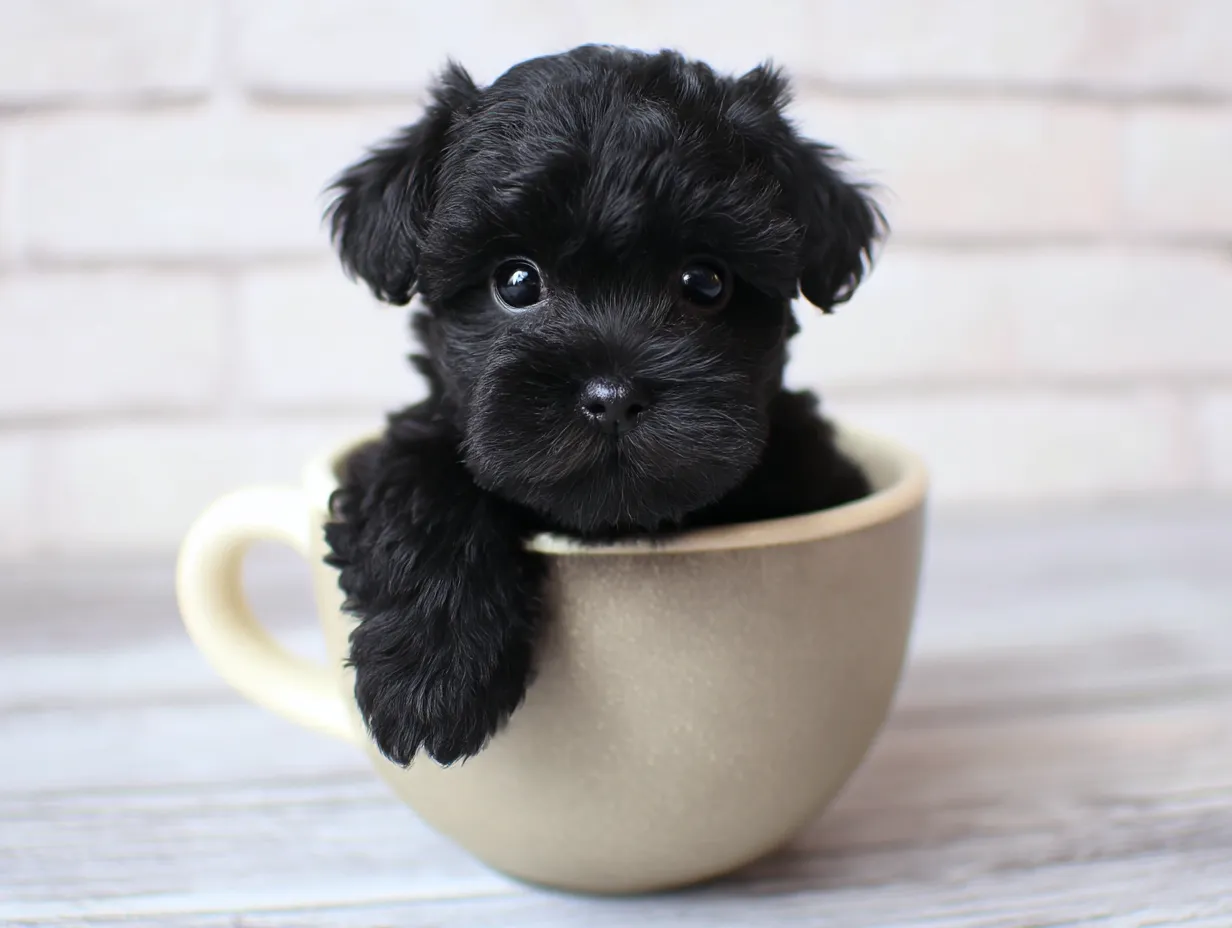 ティーカップに入った可愛い黒シュナウザーの画像｜黒い毛並みのシュナウザーの子犬がティーカップに収まり、つぶらな瞳と可愛らしい顔が特徴です。毛並みの質感と表情が魅力的で、ティーカップに収まることで、さらにその可愛さが際立ちます。