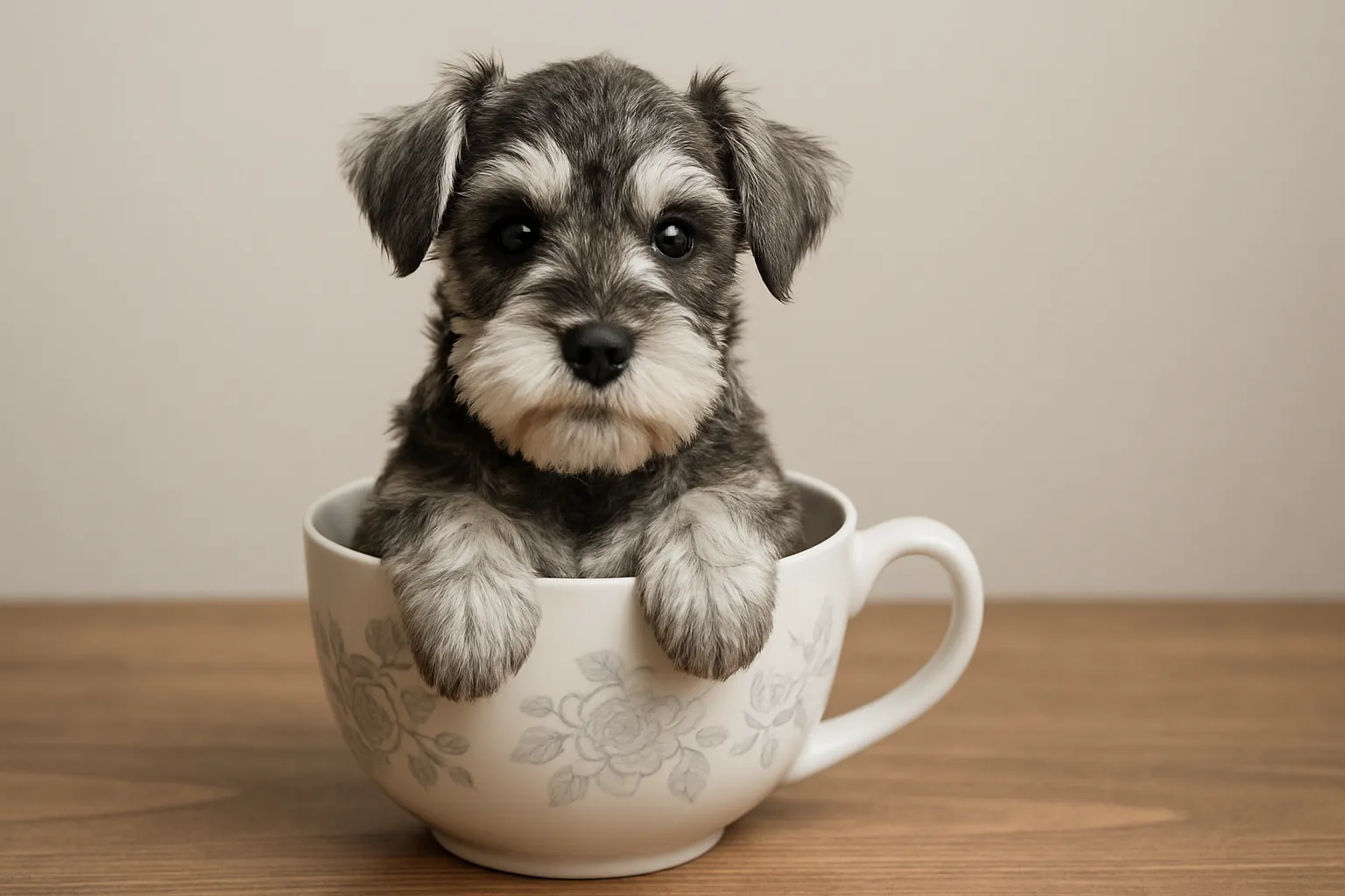 ティーカップに入った可愛いシュナウザーミックスの画像｜シュナウザーのミックス犬がティーカップにちょこんと収まり、特徴的なひげと丸い目が魅力的です。ティーカップにぴったりおさまり、愛らしさが強調されたデザインです。