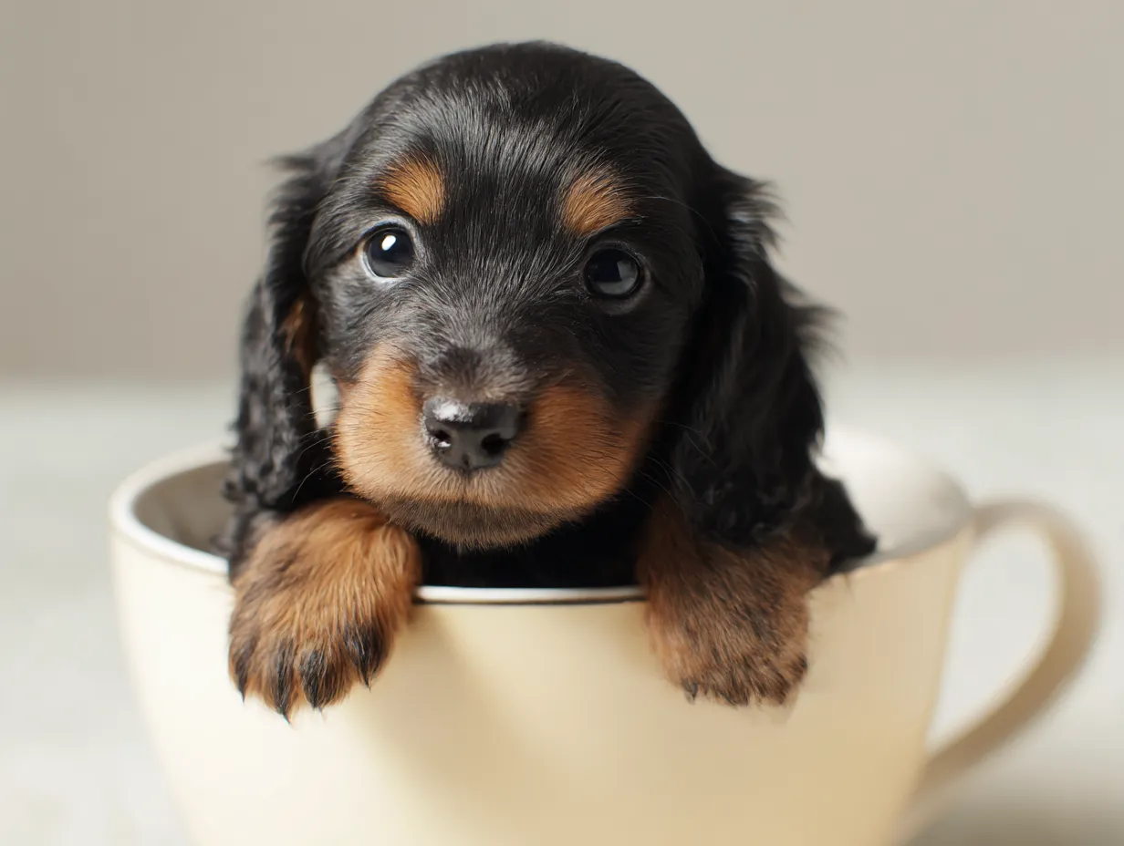 ティーカップに入った可愛いミニチュアダックスフンドの画像｜ミニチュアダックスフンドの子犬がティーカップに収まり、その長い耳と小さな体が愛らしさを引き立てています。ティーカップにぴったり収まって、可愛さが全開のデザインです。