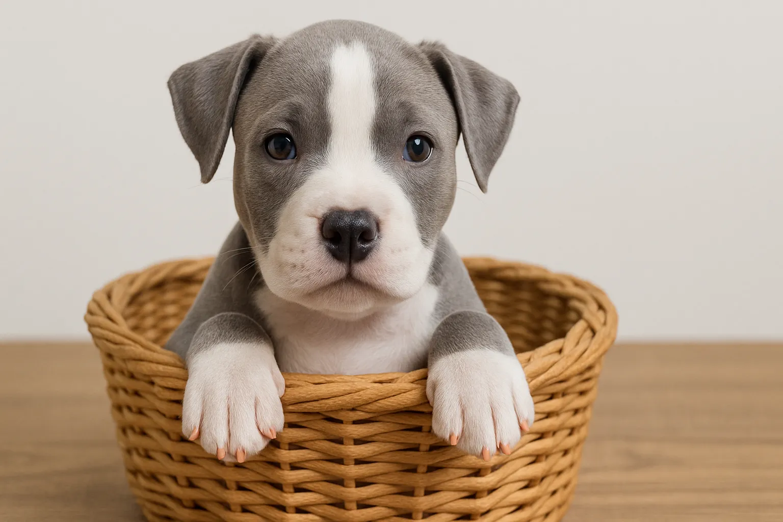 ティーカップに入った可愛いピットブルの画像｜ピットブルの子犬がティーカップに収まった可愛らしい姿。特徴的な顔つきと大きな目が「ティーカップに入った可愛い」シーンを引き立て、穏やかな背景がその魅力を引き立てています。力強さを感じさせながらも、愛嬌のある表情が印象的です。
