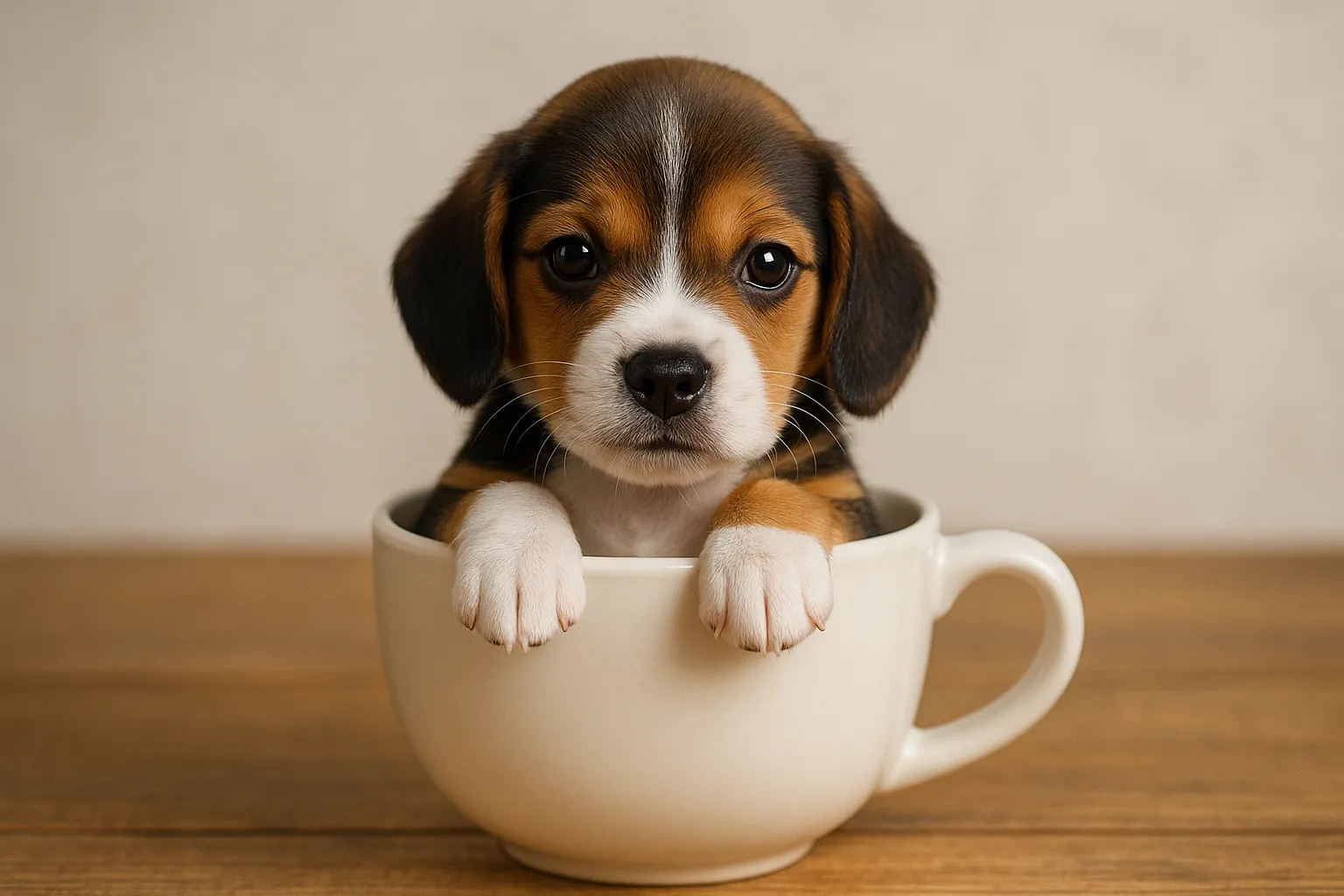 ティーカップに入った可愛いビーグルの画像｜ビーグルの子犬がティーカップに収まり、その表情がとても可愛らしい一枚。小さな体に大きな耳と優しい目が特徴で、穏やかで愛らしい印象を与えます。背景の柔らかな色合いが、ビーグルの愛らしさを引き立て、ティーカップに入った可愛いビーグルの画像は、見る者をほっこりさせるデザインです。
