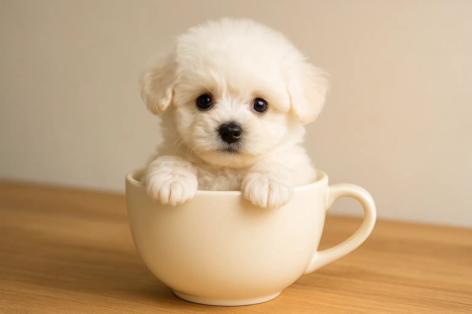 ティーカップに入った可愛いビジョンフリーゼの画像｜ビジョンフリーゼの小さな子犬がティーカップに収まり、そのフワフワの毛並みと愛らしい目元が印象的です。白い毛が柔らかく、丸い目がとても可愛らしいです。シンプルで落ち着いた背景が、ティーカップに入った可愛いビジョンフリーゼの魅力を際立たせ、温かい雰囲気を提供します。