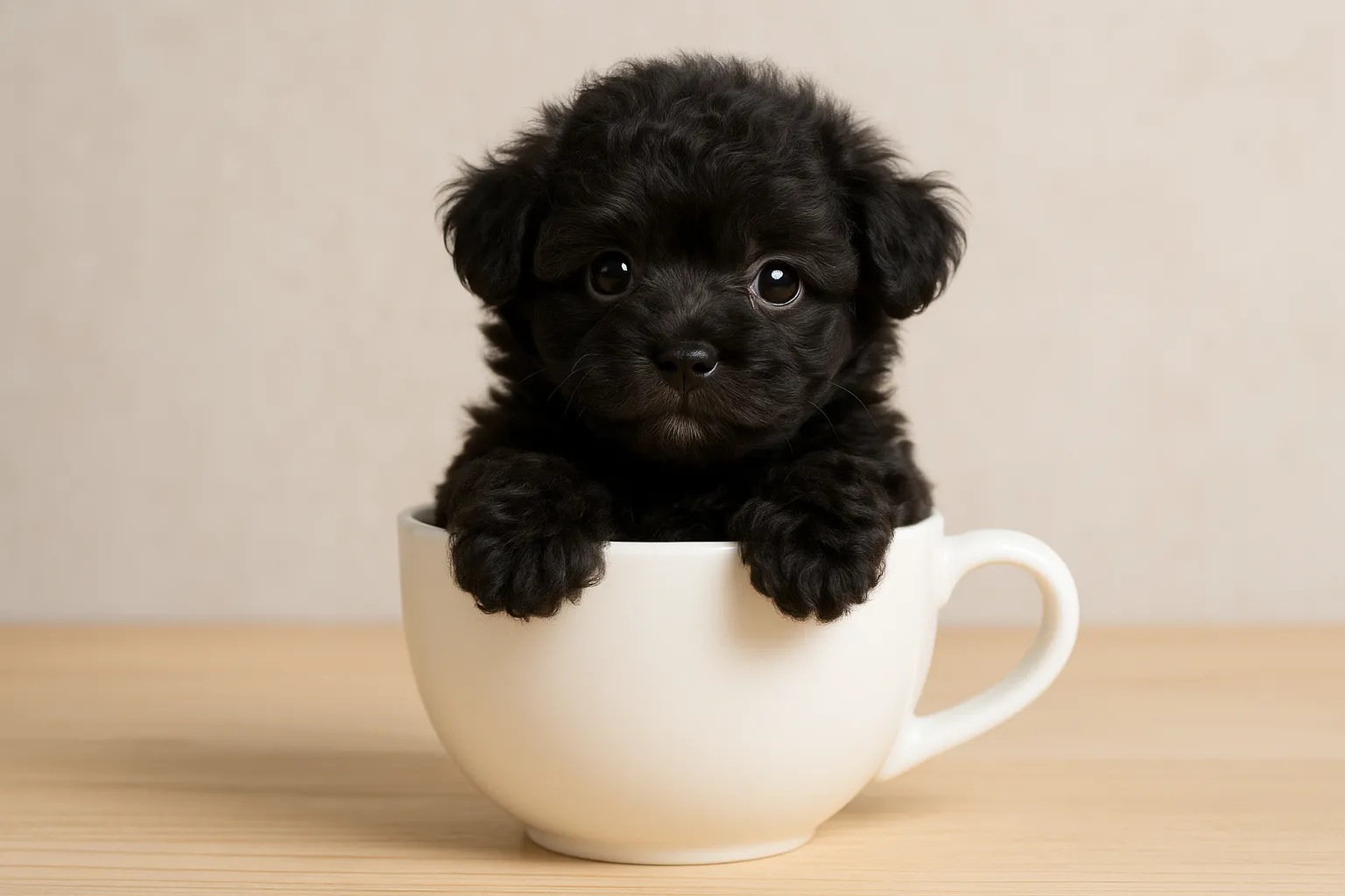 ティーカップに入った可愛い黒ビジョンフリーゼの画像｜黒ビジョンフリーゼの子犬がティーカップに収まり、黒い毛並みと大きな目が特徴です。毛のふわふわ感とその愛らしい表情が、ティーカップにぴったりと収まり、温かみのあるシーンを作り上げています。ティーカップに入った可愛い黒ビジョンフリーゼの画像は、柔らかな温かさを感じさせます。