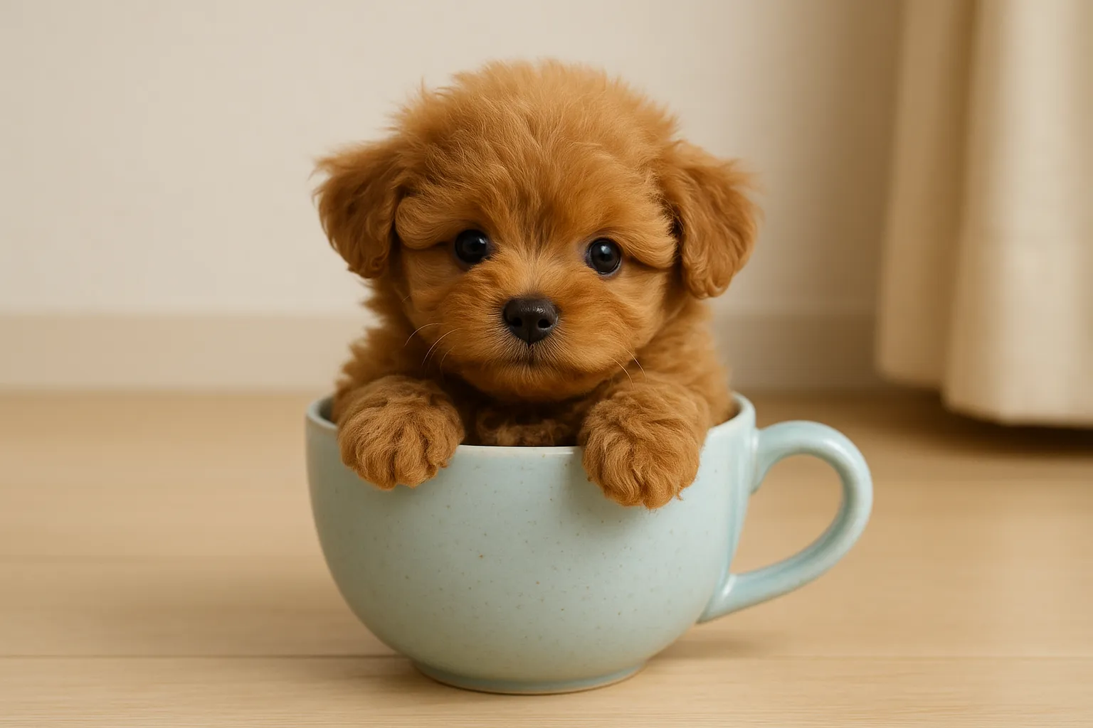 ティーカップに入った可愛い茶色ビジョンフリーゼの画像｜茶色ビジョンフリーゼの子犬がティーカップに収まり、その愛くるしい姿が魅力的です。茶色い毛並みと大きな目が特徴的で、ふわふわとした毛が可愛らしい雰囲気を引き立てます。ティーカップに入った可愛い茶色ビジョンフリーゼの画像は、癒しの力を持った一枚です。