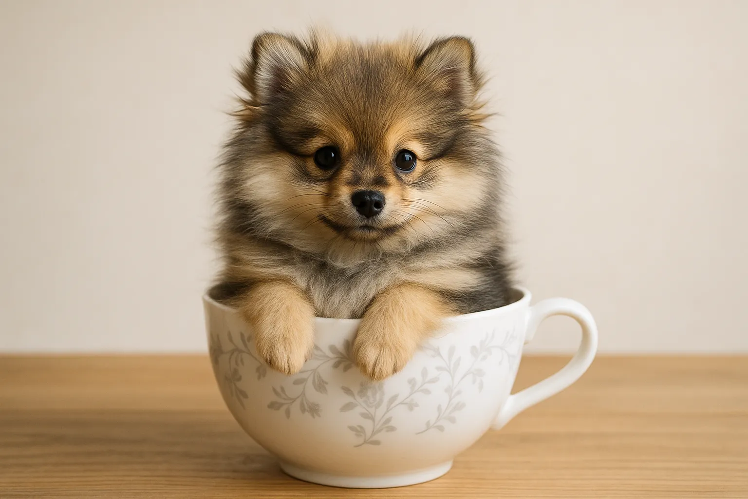 ポメラニアンウルフセーブルのティーカップに入った可愛い犬の画像｜ポメラニアンウルフセーブルの子犬がティーカップに収まり、やわらかな表情を見せています。毛色が美しく、優しい目でカメラを見つめる姿が印象的。背景はシンプルで、犬本来のかわいさが引き立っています。ティーカップに入った可愛い犬の魅力が際立っています。