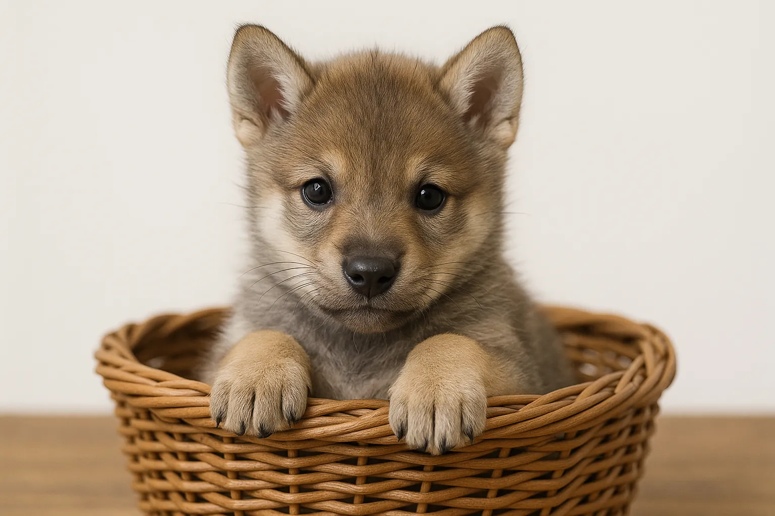 狼犬のティーカップに入った可愛い犬の画像｜この狼犬の子犬がティーカップに収まっている姿は、まるで小さな冒険者のようです。力強い特徴を持ちながらも、愛らしい表情とふわふわした毛が魅力的。シンプルな背景で、ティーカップに入った可愛い犬が中心にしっかりと描かれています。