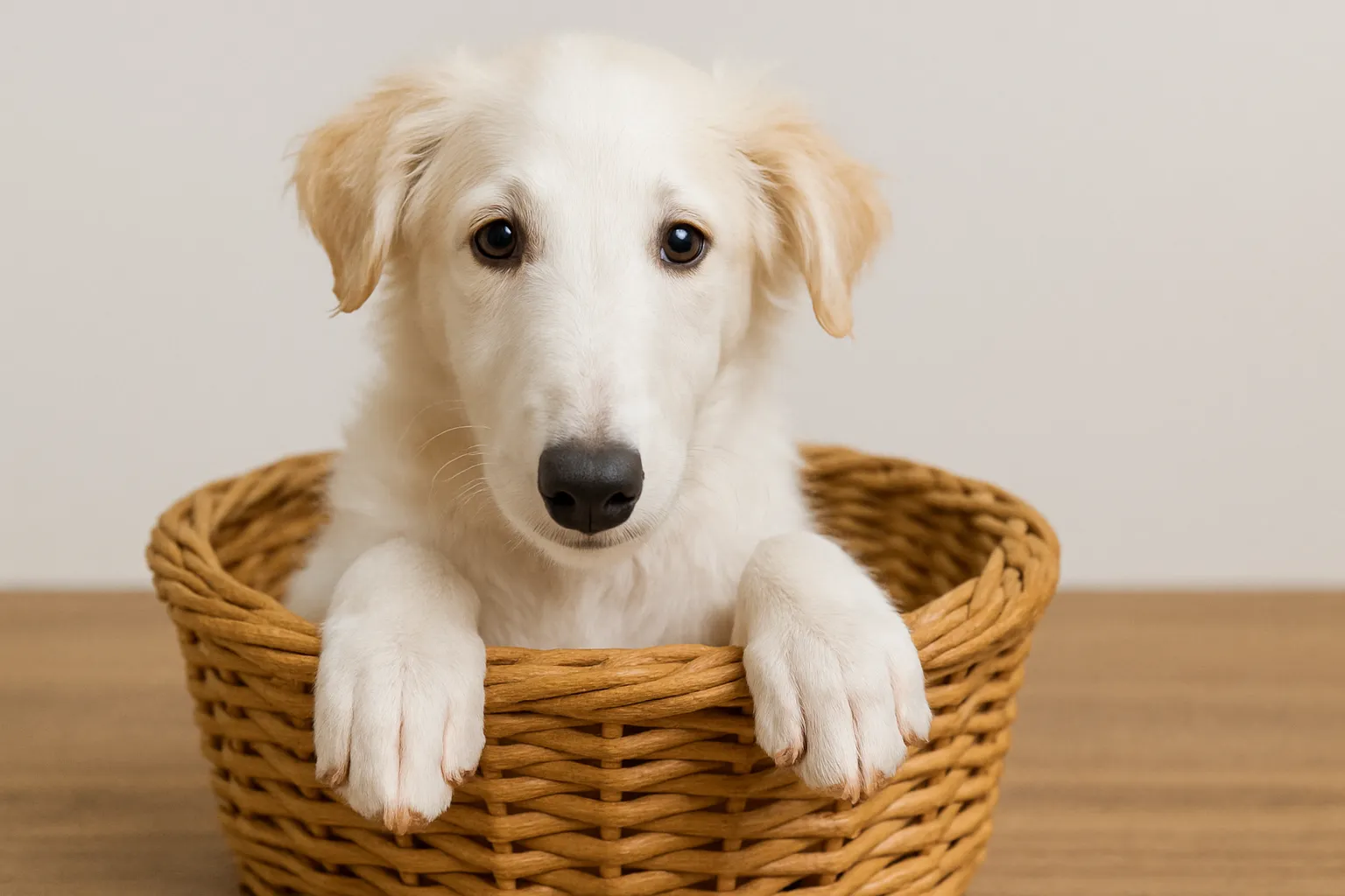 ボルゾイのティーカップに入った可愛い犬の画像｜このボルゾイの子犬がティーカップに入っているシーンは、優雅で可愛らしさが溢れています。長い毛並みとやわらかな表情が、見る人に癒しを与えます。シンプルな背景で犬の魅力を引き立て、ティーカップに入った可愛い犬が主役として輝いています。
