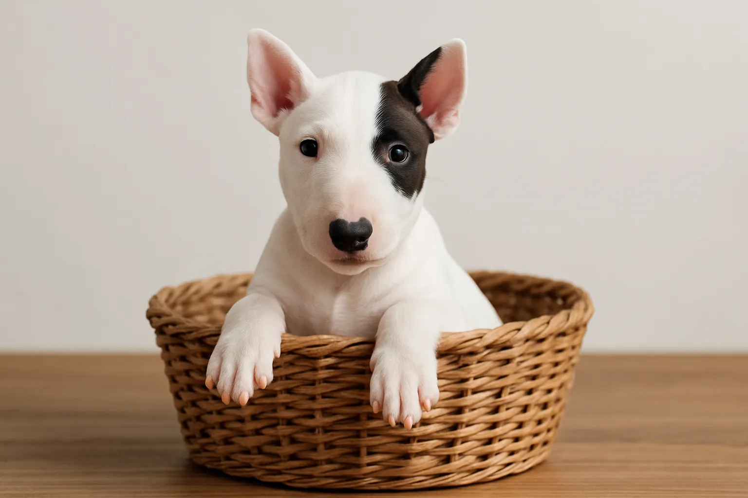 ブルテリアのティーカップに入った可愛い犬の画像｜ブルテリアの子犬がティーカップに収まっている姿は、強さと可愛さが絶妙に融合しています。丸い目と無邪気な表情が、愛らしさを引き立てています。ティーカップに入った可愛い犬の可憐さが、シンプルな背景で引き立てられています。