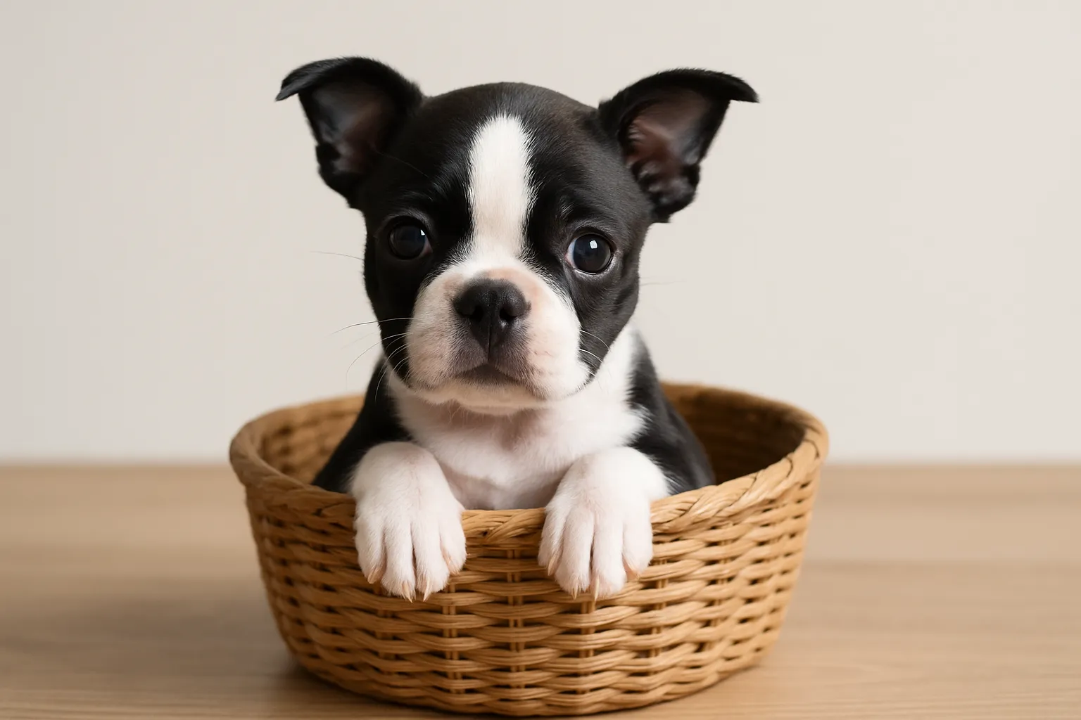 ボストンテリアのティーカップに入った可愛い犬の画像｜ボストンテリアの子犬がティーカップに入っているシーンは、元気な表情が印象的です。黒い耳と白い毛が特徴的で、見ているだけでほっこりします。シンプルで温かみのある背景が、ティーカップに入った可愛い犬を一層魅力的に見せています。