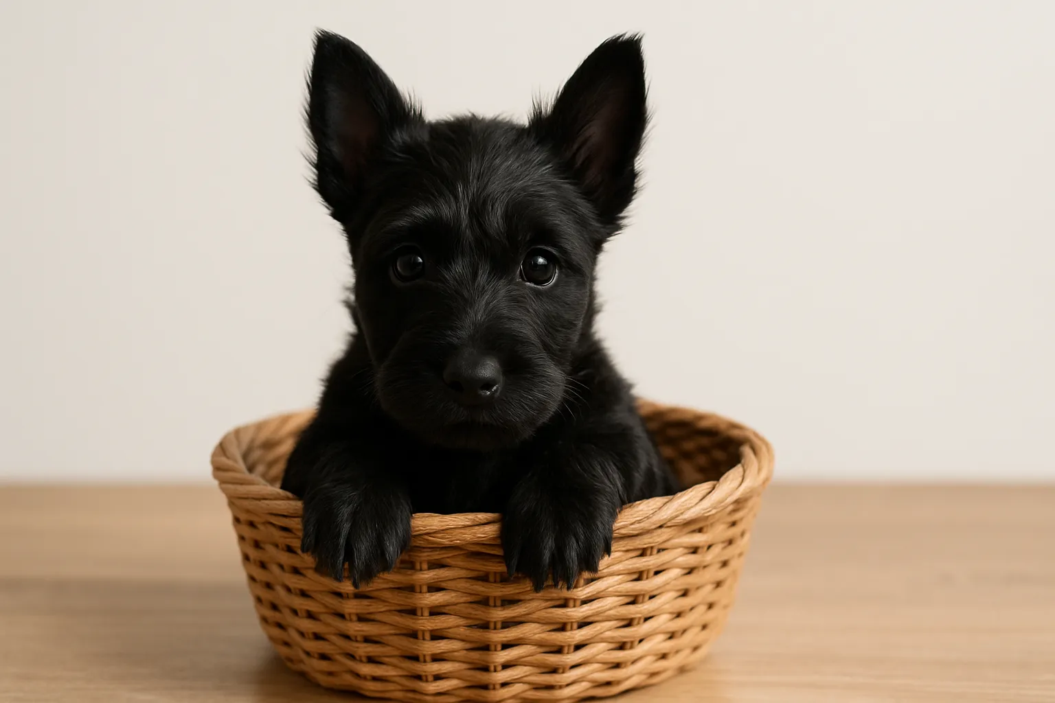 スコティッシュテリアのティーカップに入った可愛い犬の画像｜スコティッシュテリアの子犬がティーカップに収まる姿は、その独特な毛並みと表情が魅力的です。シンプルな背景の中で、ティーカップに入った可愛い犬が際立っています。その姿は、見る人に笑顔をもたらすでしょう。