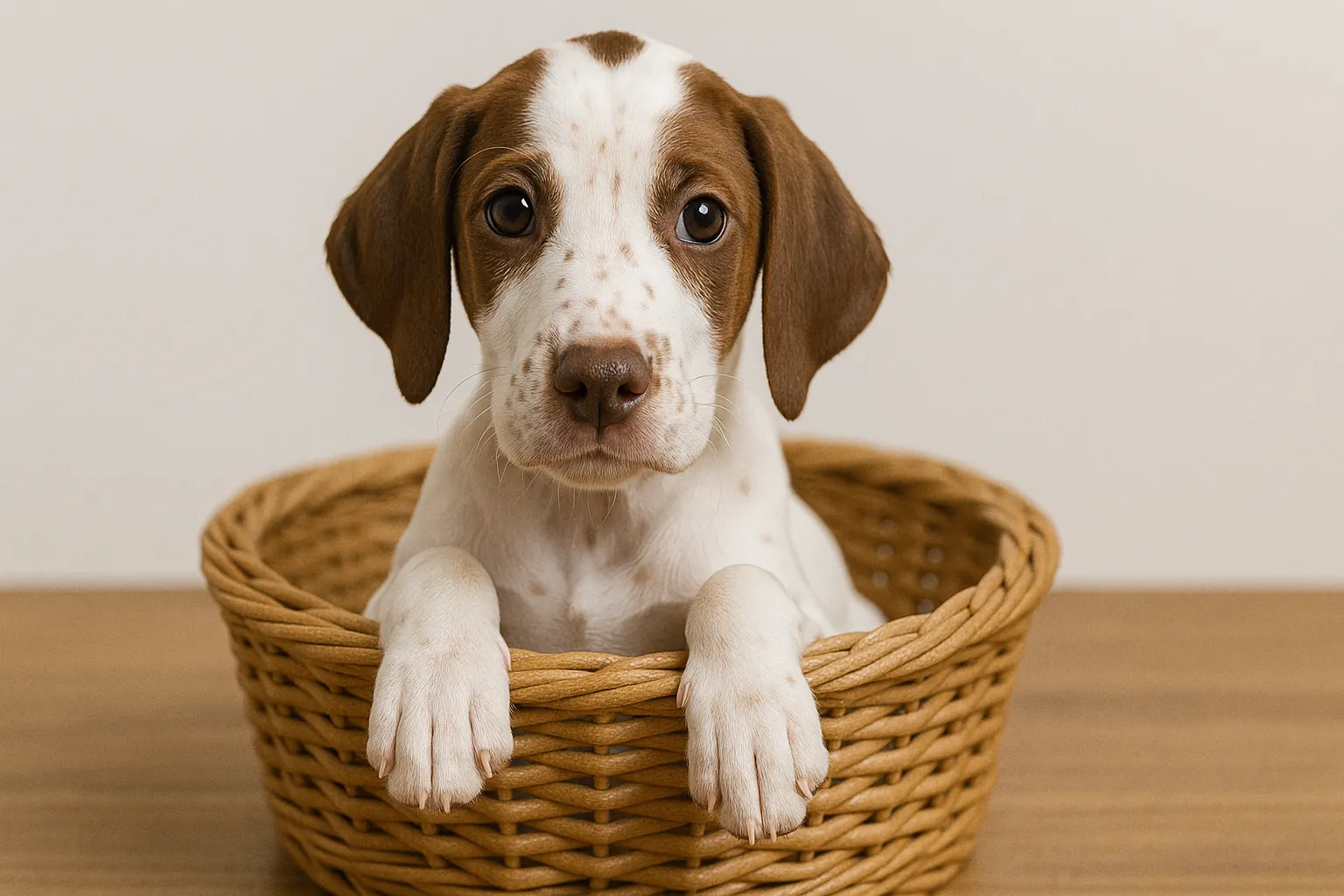 ポインター犬のティーカップに入った可愛い犬の画像｜ポインター犬の子犬がティーカップにちょこんと収まっている姿は、優しい目元が特徴です。シンプルな背景で、ティーカップに入った可愛い犬の愛らしさがしっかりと引き立てられています。その魅力的な姿が心を癒してくれます。