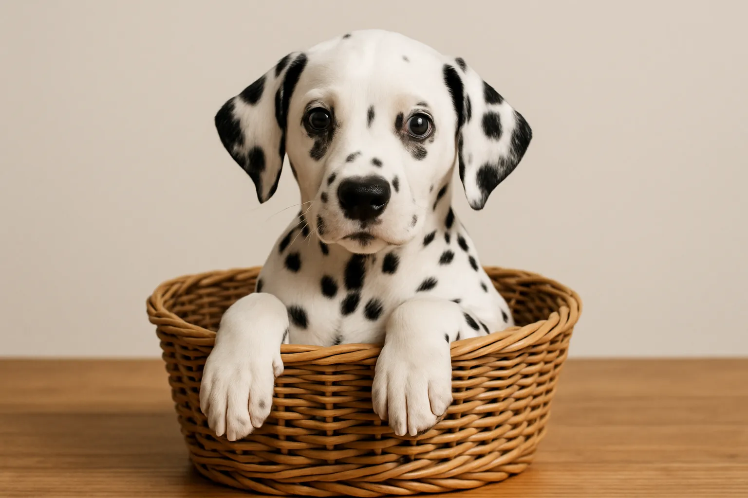 ダルメシアンのティーカップに入った可愛い犬の画像｜ダルメシアンの子犬がティーカップにちょこんと収まっている姿は、白と黒の斑点模様が印象的で、可愛らしい表情が引き立っています。シンプルな背景が、ティーカップに入った可愛い犬の魅力を最大限に引き立てています。