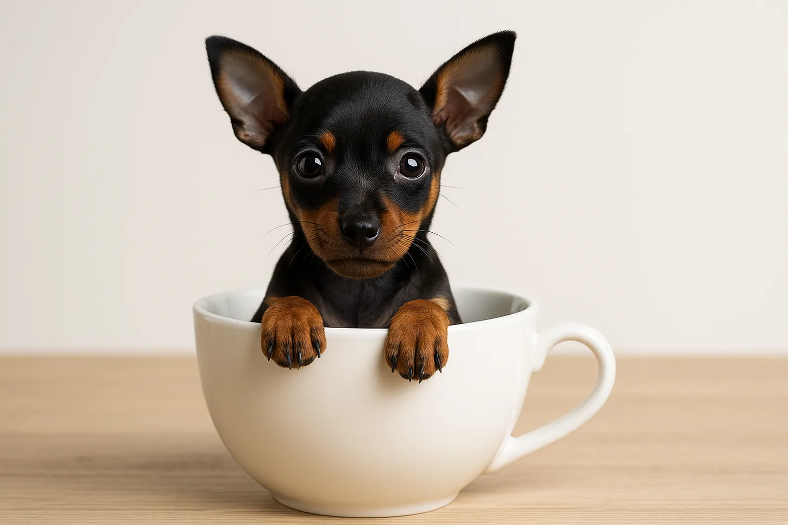 ミニチュアピンシャーのティーカップに入った可愛い犬の画像｜ミニチュアピンシャーの子犬がティーカップに収まっているシーンは、その小さな体と鋭い目元が特徴です。愛らしい姿とシンプルな背景が、ティーカップに入った可愛い犬の魅力を際立たせています。