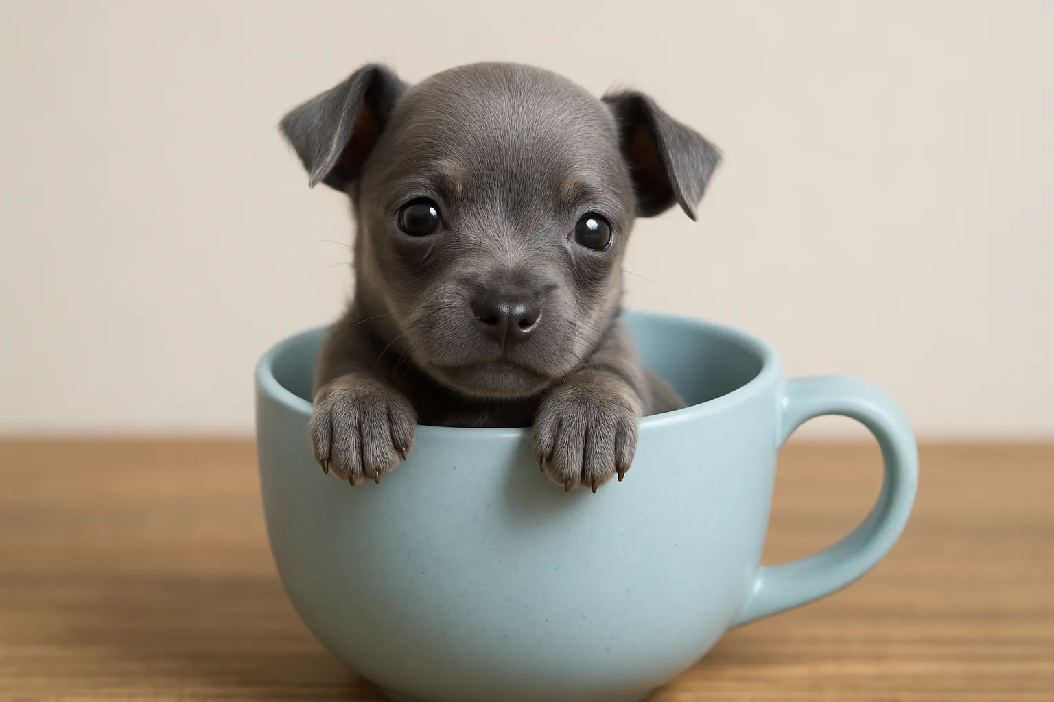 ミニチュアピンシャーグレーのティーカップに入った可愛い犬の画像｜ミニチュアピンシャーグレーの子犬がティーカップに収まっている姿は、落ち着いたグレーの毛並みと大きな瞳が魅力的です。シンプルで優しい背景が、ティーカップに入った可愛い犬の姿を引き立てています。