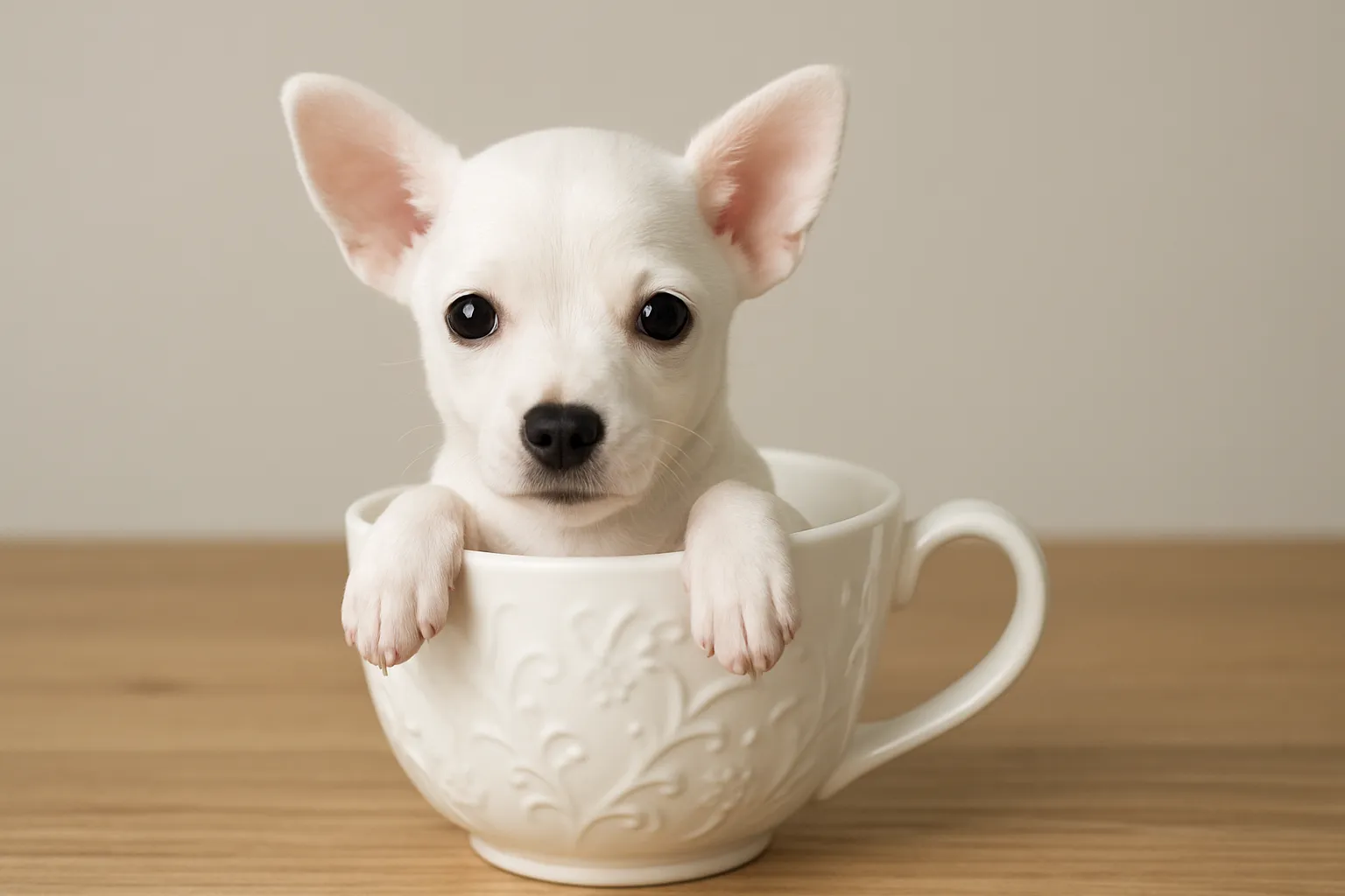 ミニチュアピンシャーホワイトのティーカップに入った可愛い犬の画像｜ミニチュアピンシャーホワイトの子犬がティーカップに収まるシーンは、白い毛並みと可愛らしい表情が特徴的です。シンプルな背景が、ティーカップに入った可愛い犬を引き立て、その可愛さをより際立たせています。