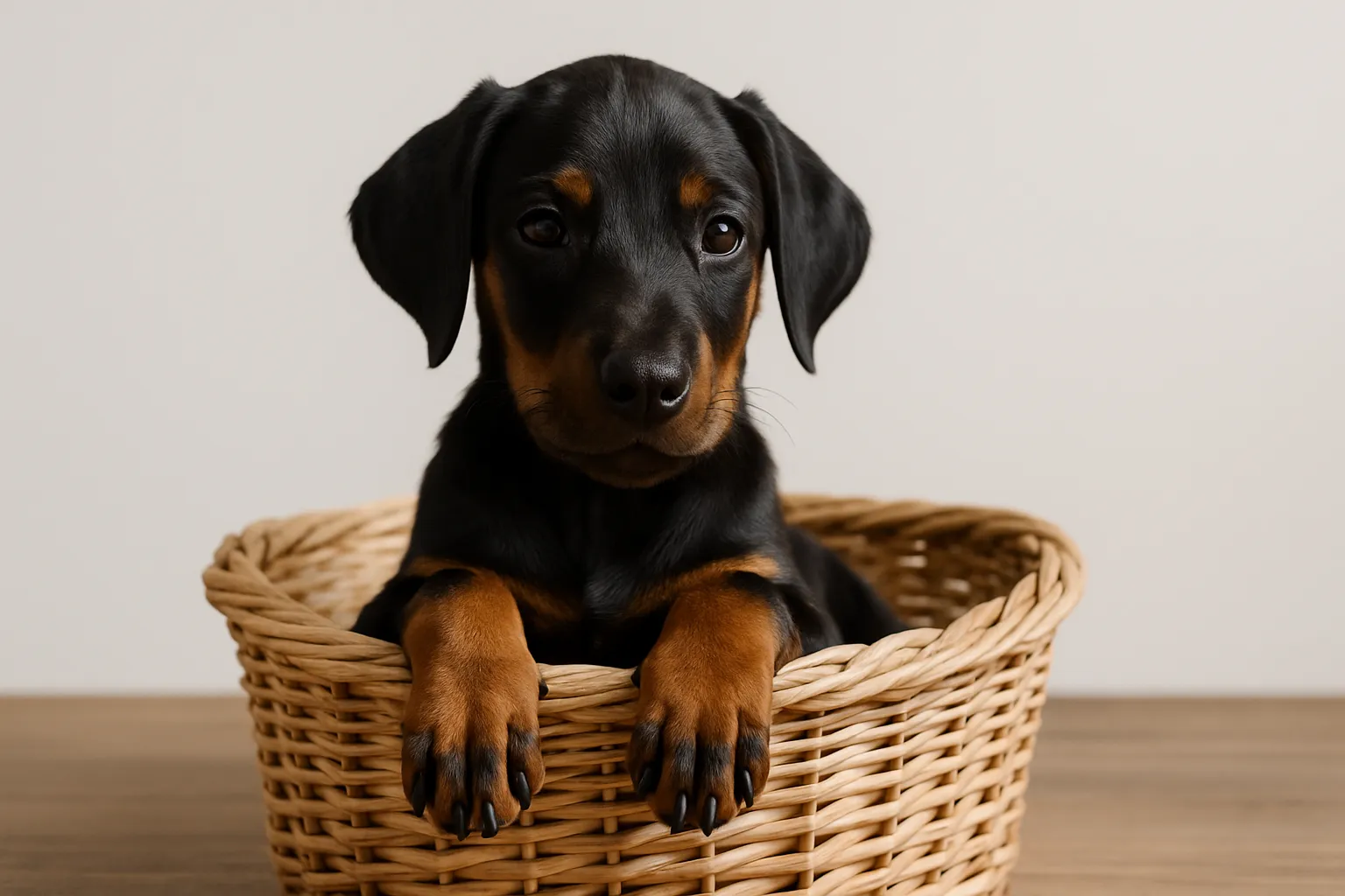 ドーベルマンのティーカップに入った可愛い犬の画像｜ドーベルマンの子犬がティーカップにちょこんと収まった姿は、鋭い目としっかりとした体が印象的です。シンプルな背景が、ティーカップに入った可愛い犬の魅力を一層際立たせています。