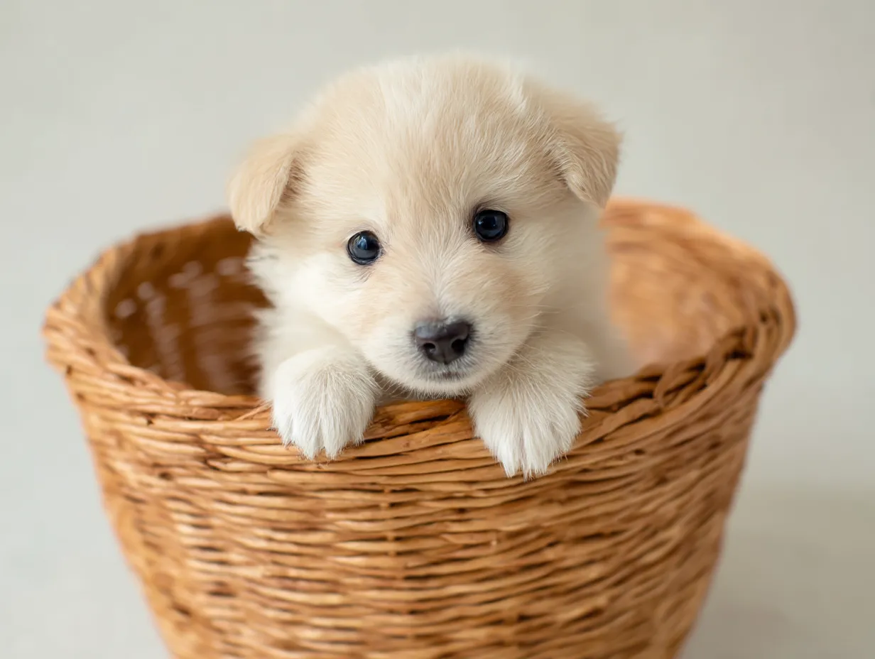 サモエド子犬のティーカップに入った可愛い犬の画像｜サモエドの子犬がティーカップにちょこんと収まっている姿は、ふわふわした毛と可愛い表情が特徴です。白い毛並みが魅力的で、シンプルな背景がその可愛さを一層引き立てています。ティーカップに入った可愛い犬がとても愛らしいです。