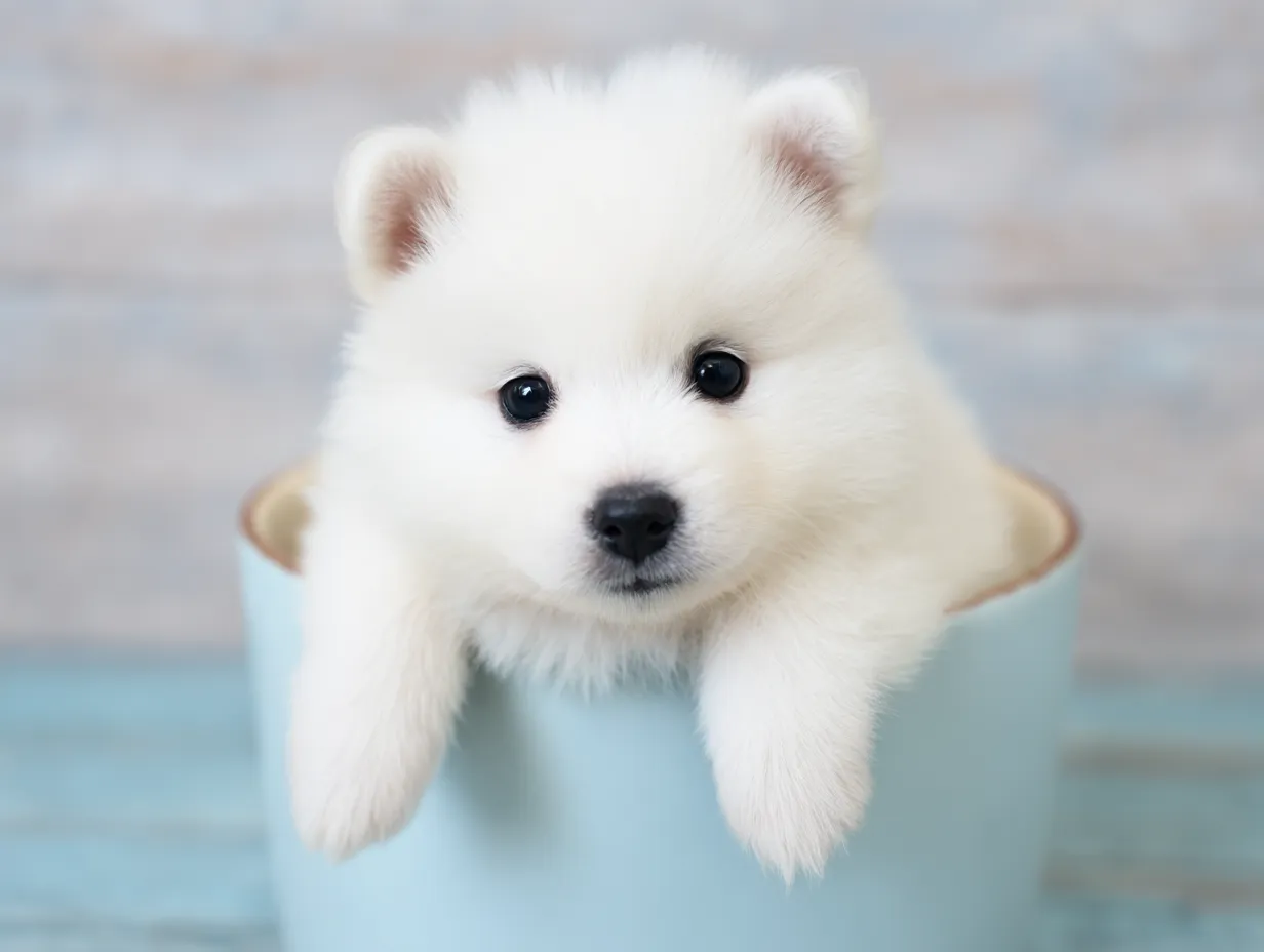 みてはいけないサモエドのティーカップに入った可愛い犬の画像｜このサモエドの子犬がティーカップに収まっている姿は、まるでいたずらっ子のような表情が印象的です。白くふわふわした毛と、つぶらな瞳がとても魅力的。背景がシンプルで、ティーカップに入った可愛い犬のかわいらしさが際立っています。