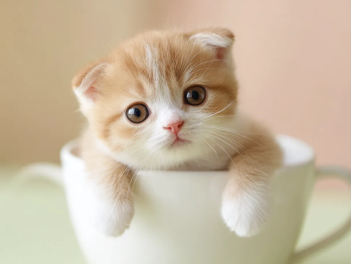 ティーカップに入った可愛い猫の画像｜中央に収まる猫が「ティーカップに入った可愛い」姿で、全体的に柔らかな雰囲気を持っています。淡い背景とともに、猫の丸い顔とふわふわした毛並みが魅力的で、温かく優しい印象を与えます。シンプルで清潔感のあるデザインに仕上げました。