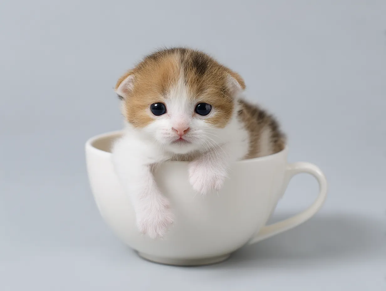 ティーカップに入った可愛い三毛猫の画像｜「ティーカップに入った可愛い三毛猫の画像」は、茶色・白・黒の美しい毛並みが特徴的です。猫の大きな目と丸い顔が柔らかく、愛嬌のある雰囲気を演出しています。シンプルな背景が猫の魅力を引き立て、見る人に温かさを感じさせます。