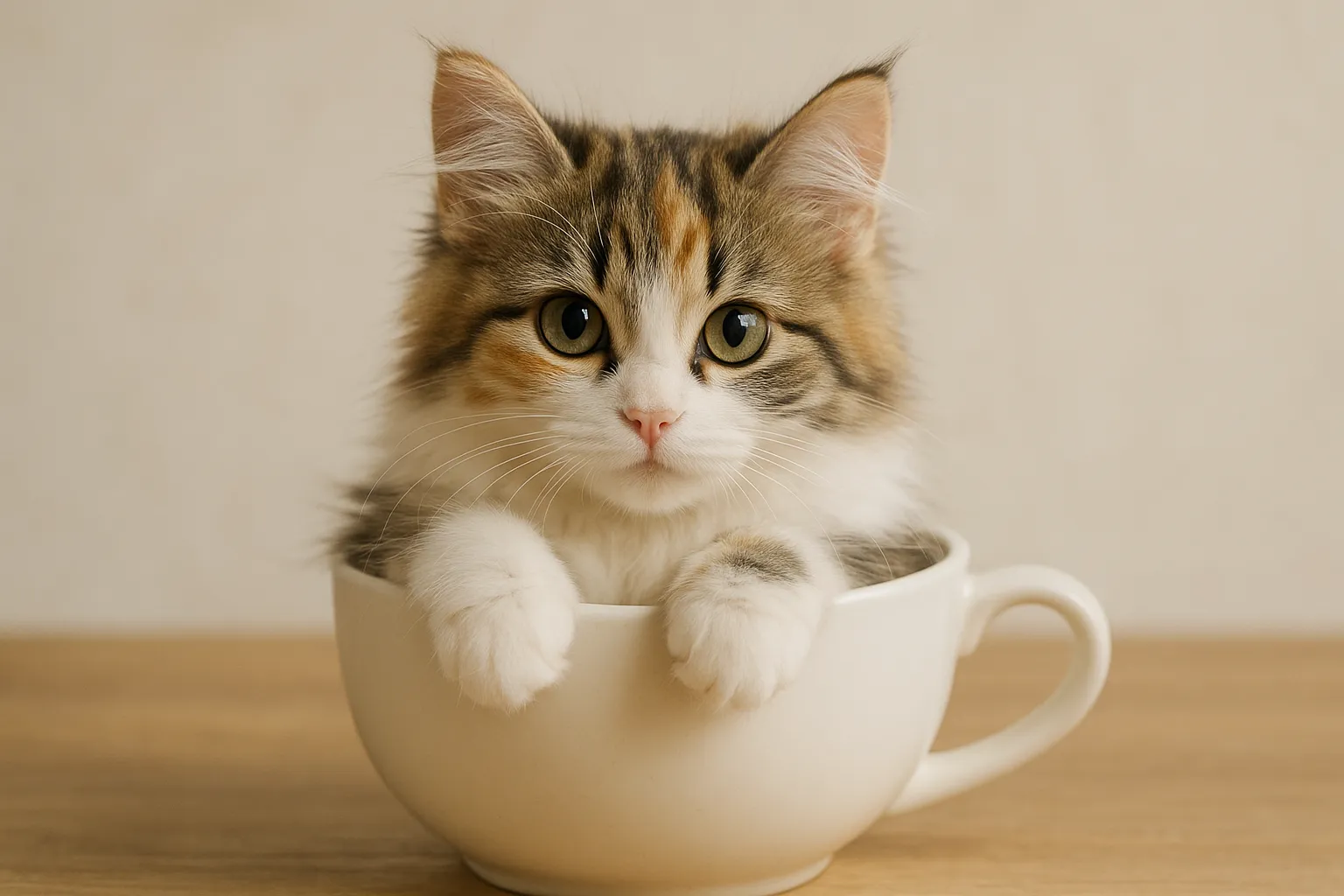 ティーカップに入った可愛い長毛の三毛猫の画像｜「ティーカップに入った可愛い長毛の三毛猫の画像」は、ふわふわの毛が特徴的で、三毛猫の色合いが美しく映えています。丸い顔と大きな目が優しく、柔らかい背景が猫の愛らしさを際立たせています。長毛の質感が非常にリアルに表現されています。