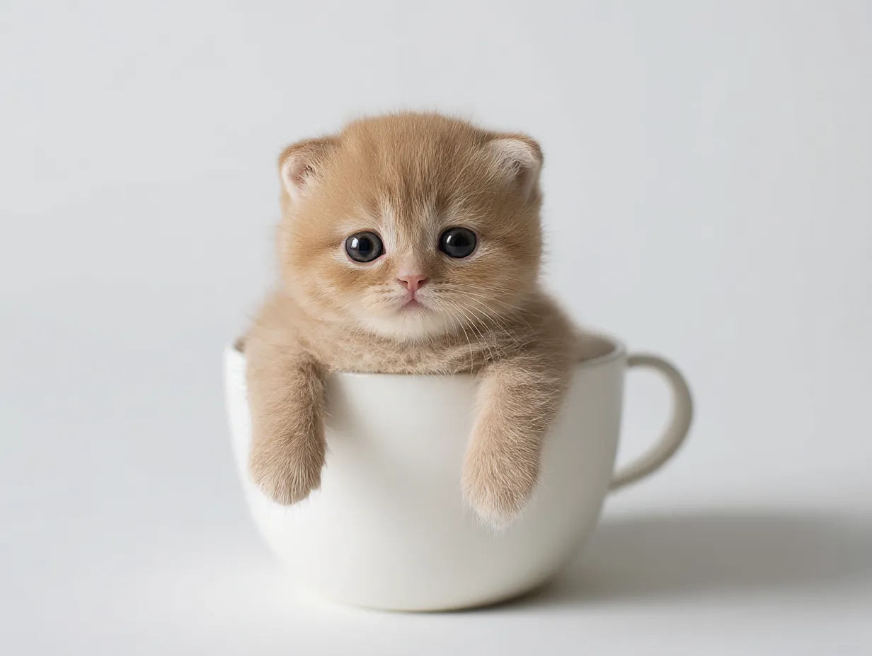 ティーカップに入った可愛い子猫のスコティッシュフォールドの画像｜「ティーカップに入った可愛い子猫のスコティッシュフォールドの画像」は、丸い耳と愛らしい表情が特徴です。柔らかい毛と小さな手足が、温かく優しい雰囲気を与え、シンプルな背景とともに可愛さを際立たせます。見ていると癒される一枚です。