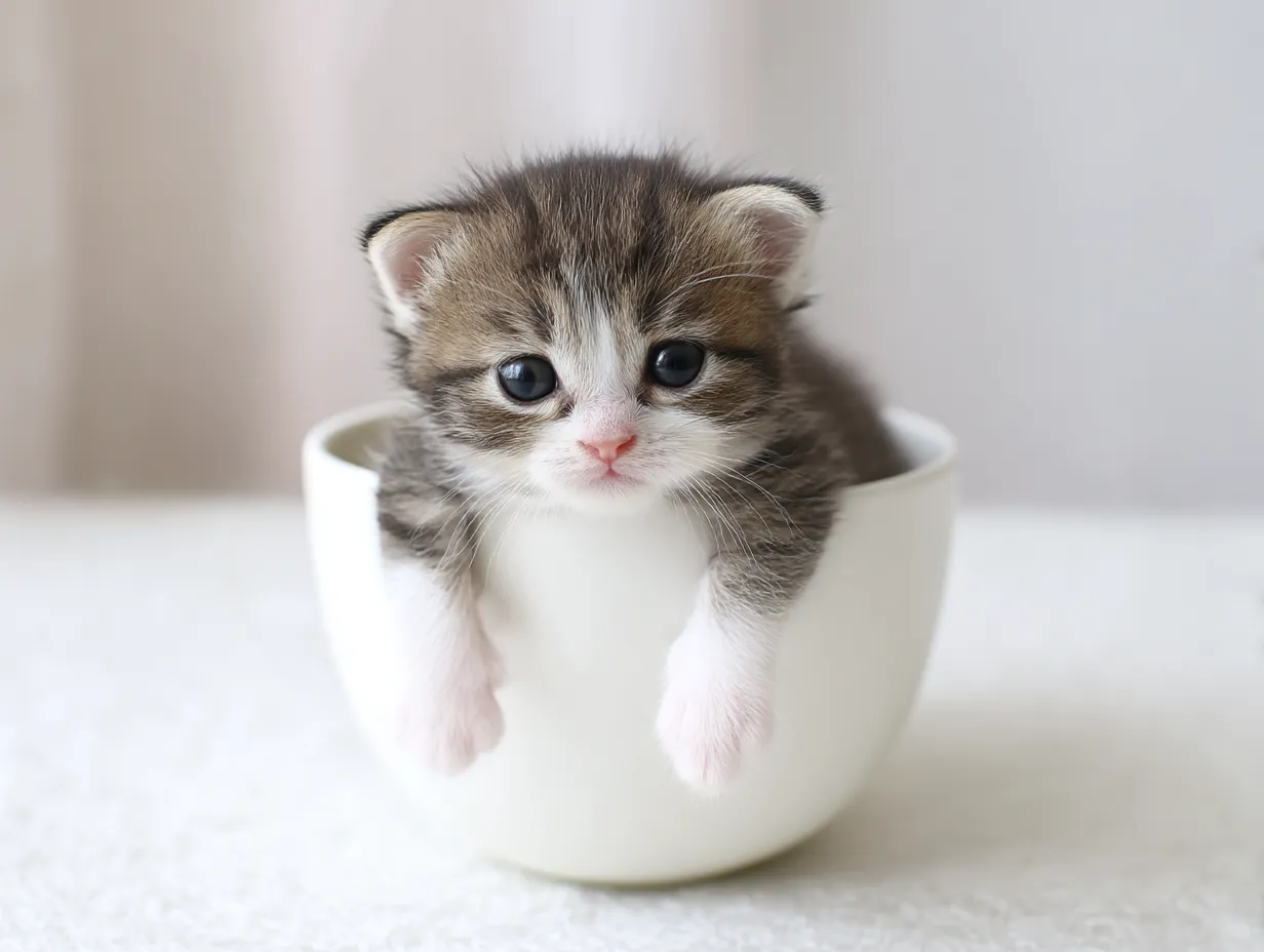 ティーカップに入った可愛い猫の画像｜こちらの「ティーカップに入った可愛い」猫は、特にその大きな瞳が特徴的で、柔らかい毛がふんわりと見えます。背景が淡い色合いで、猫の可愛さが引き立つ構図です。穏やかな気持ちを感じさせるデザインです。