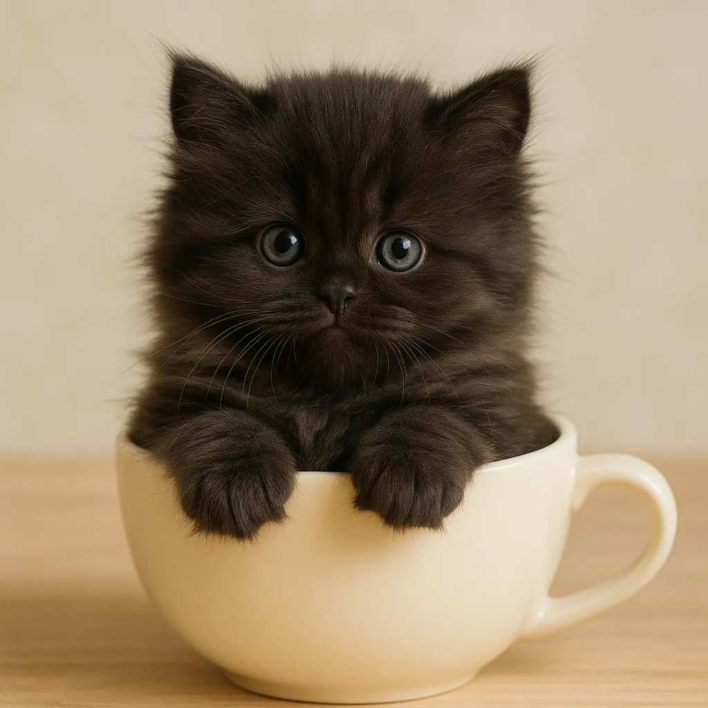 ティーカップに入った可愛い黒ミヌエットの画像｜黒ミヌエットの猫がティーカップに収まり、ふわふわの毛並みと大きな瞳でとても愛らしい姿を見せています。シンプルな背景と優しい色合いが、猫の魅力を引き立て、心温まる印象を与えます。