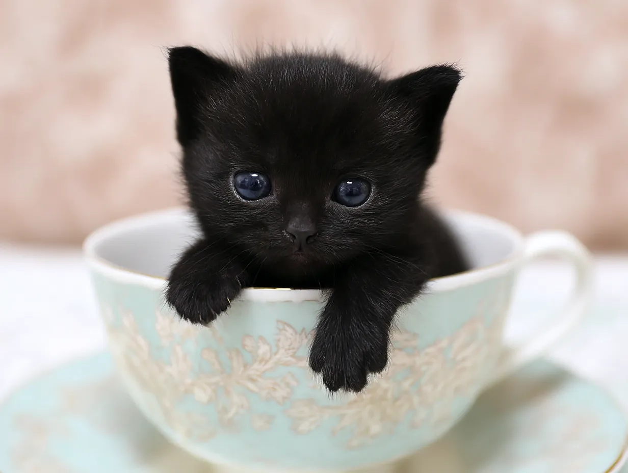 ティーカップに入った可愛い黒猫の画像｜「ティーカップに入った可愛い黒猫」は、その神秘的な黒い毛並みと、はっきりとした目が特徴です。猫の毛並みの質感がしっかりと表現され、シンプルながらも高いデザイン性を持っています。柔らかな背景が黒猫の魅力を引き立てています。